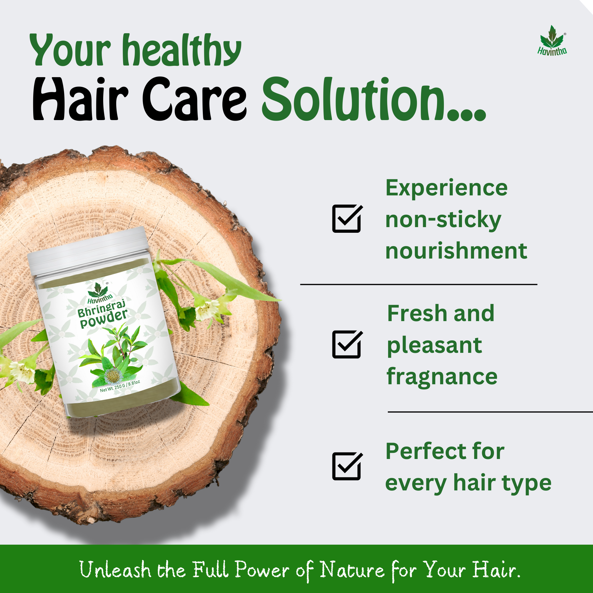 Havintha Natural Bhringraj Powder | For Strong & Silky Hair | 8 oz | 250 Grams (JAR)