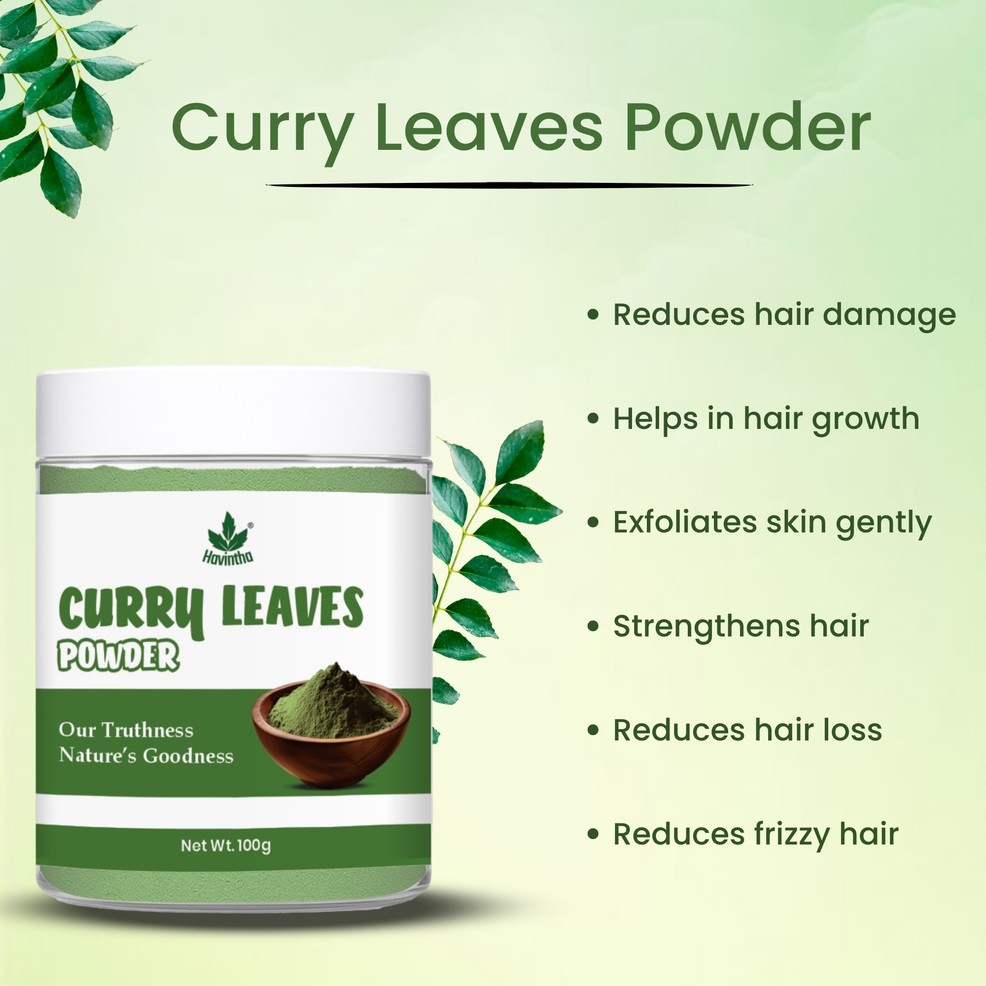 Havintha Natural Curry Leaves Powder (Murraya koenigii) for Hair Care | Hair Fall Solution | Curry Leaf for Hair Growth & Strong, Healthy Hair | Natural & Pure Kari Patta Powder | Shine & Nourishes Scalp - 3.5 oz | 0.2 lb | 100 gm