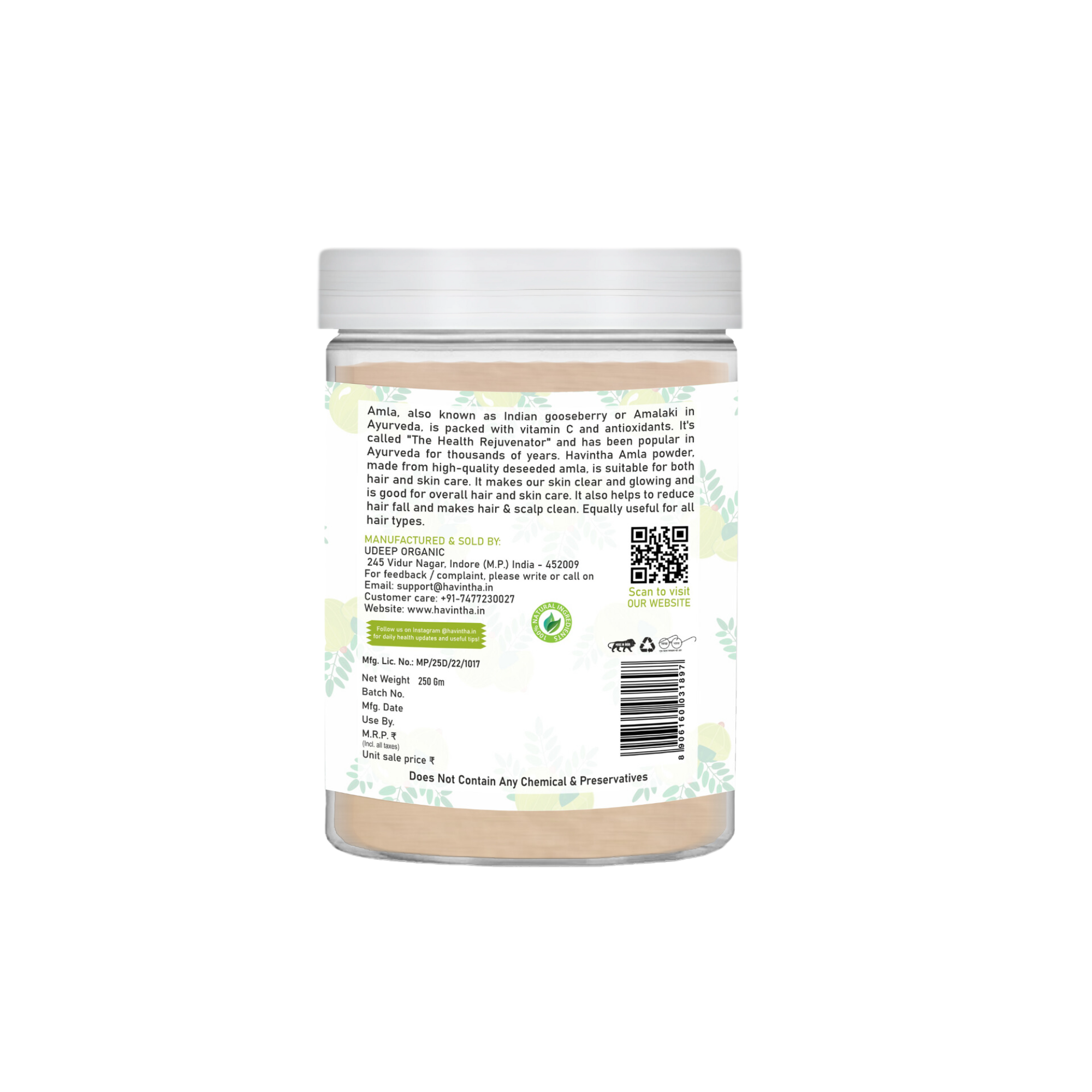 Havintha Natural Amla Powder | 8 oz | 250 Grams (JAR)