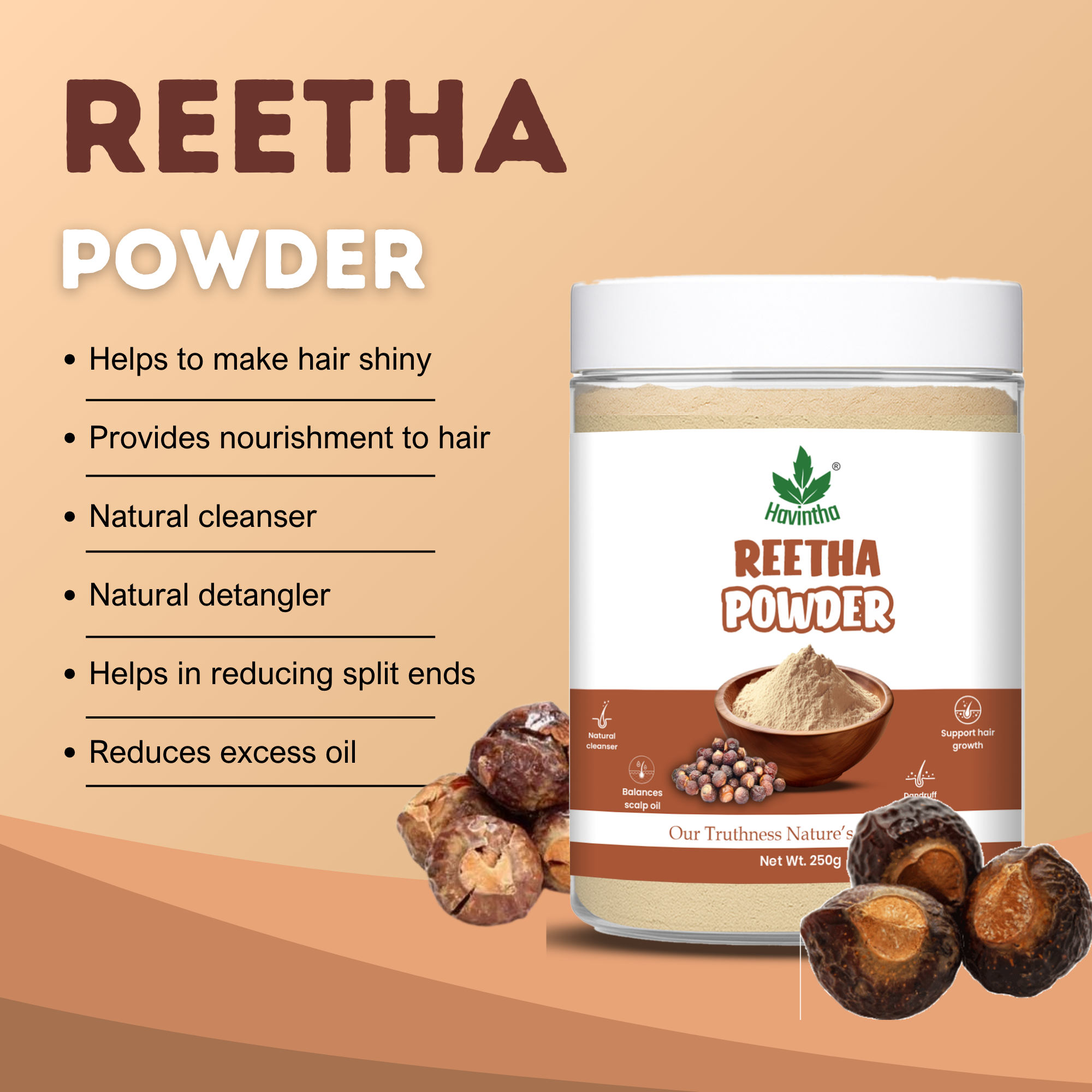 Havintha Natural Reetha Powder For Shiny Hair | Hair Care Powder | 8 oz | 250 Grams (JAR)
