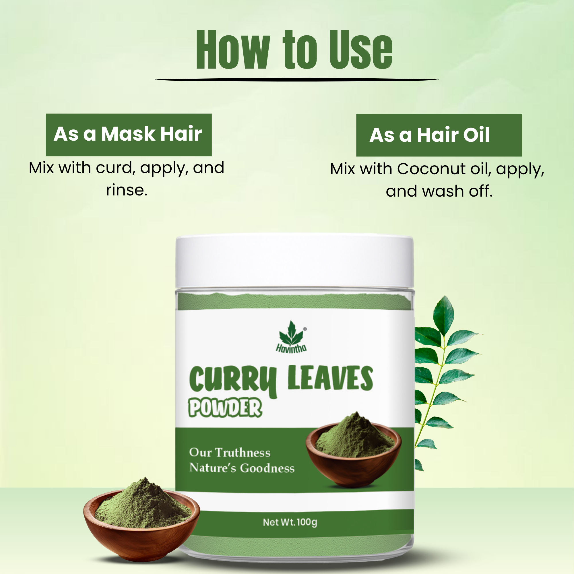 Havintha Natural Curry Leaves Powder (Murraya koenigii) for Hair Care | Hair Fall Solution | Curry Leaf for Hair Growth & Strong, Healthy Hair | Natural & Pure Kari Patta Powder | Shine & Nourishes Scalp - 3.5 oz | 0.2 lb | 100 gm