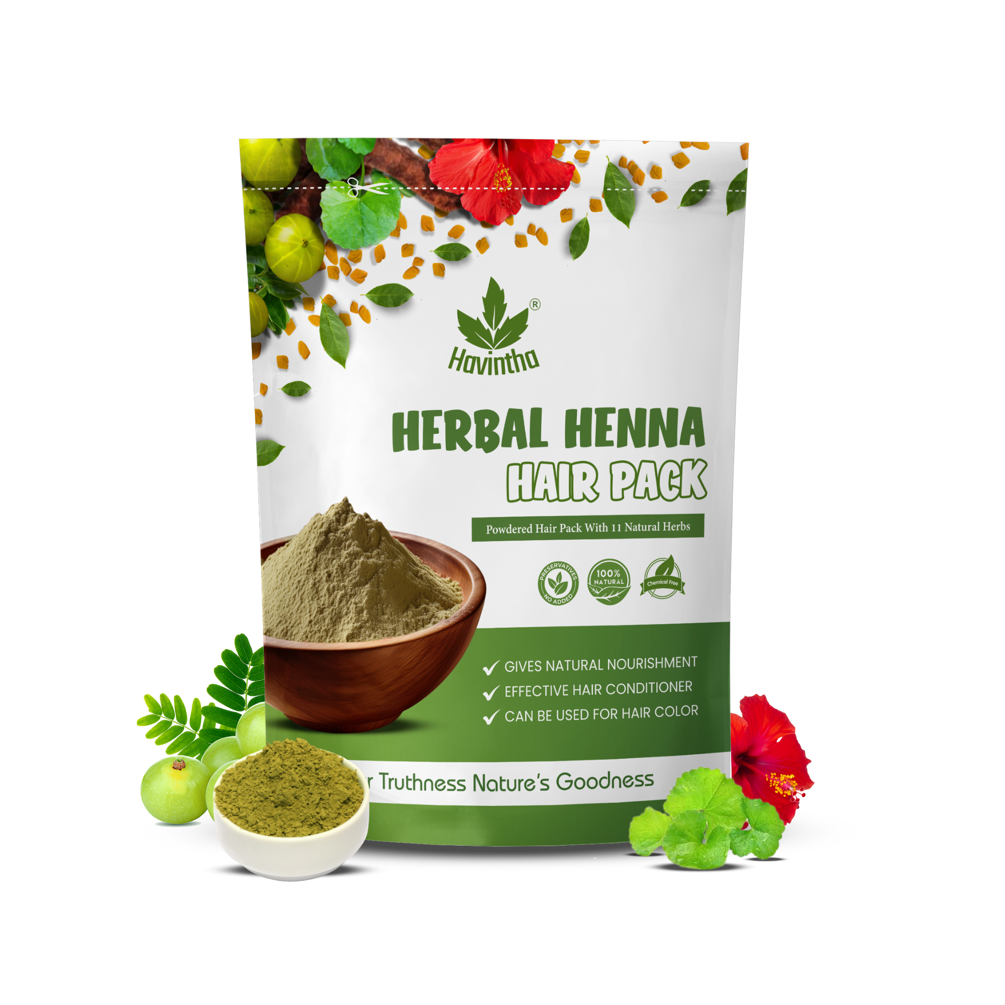 Havintha Natural Herbal Henna Hair Pack 11 Herbs Mix Mehandi Powder - 8 oz | 0.5 lb | 227 gm