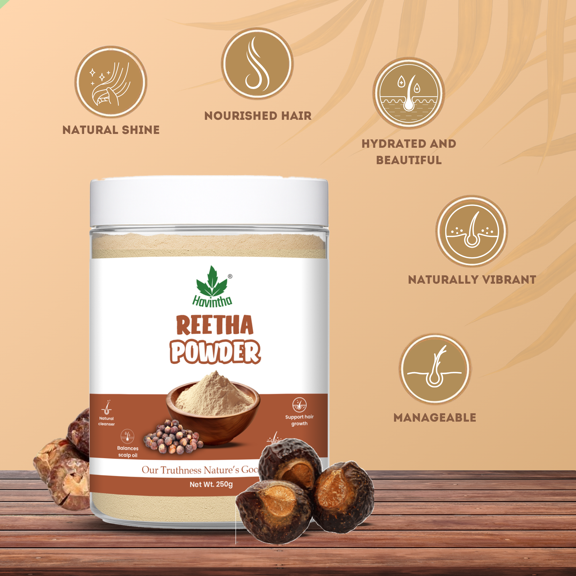 Havintha Natural Reetha Powder For Shiny Hair | Hair Care Powder | 8 oz | 250 Grams (JAR)