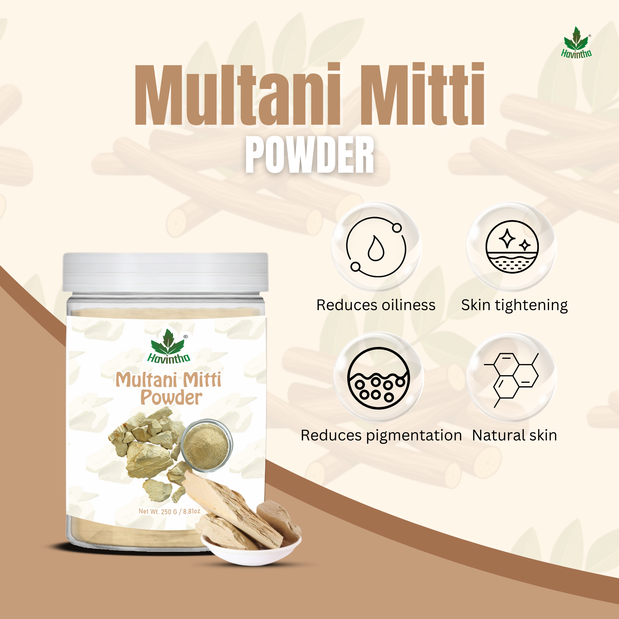 Havintha Natural Multani Mitti Powder | Natural Face Pack & Skin Care | 8 oz | 250 Grams (JAR)