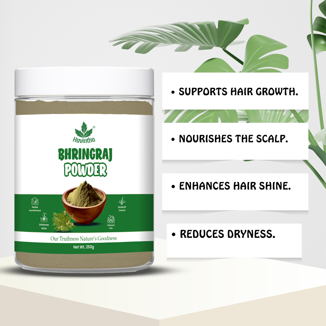 Havintha Natural Bhringraj Powder | For Strong & Silky Hair | 8.81 oz | 250 Grams (JAR)