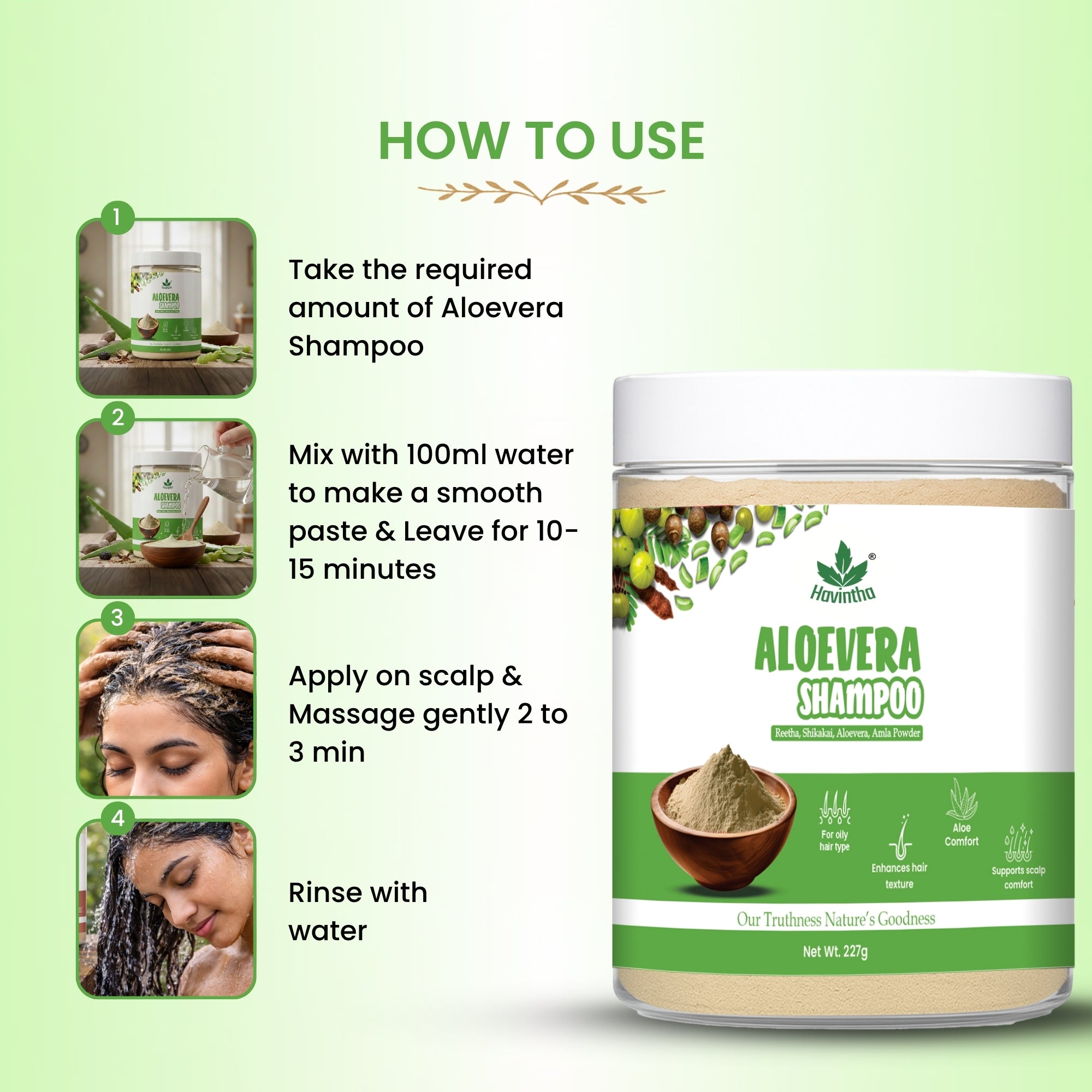 Havintha Natural Amla Reetha Shikakai and Aloevera Powder Shampoo for Oily Hair - 8 oz | 0.5 lb | 227 gm