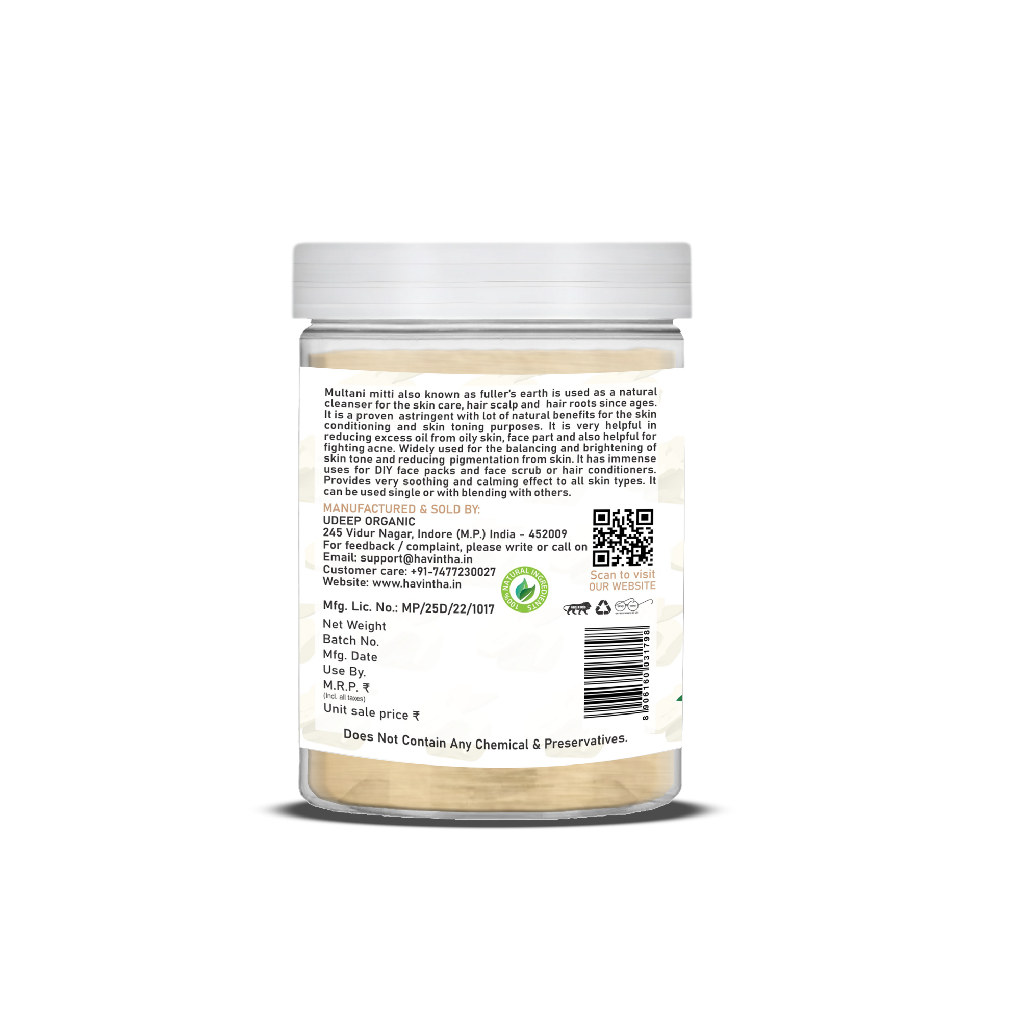 Havintha Natural Multani Mitti Powder | Natural Face Pack & Skin Care | 8 oz | 250 Grams (JAR)