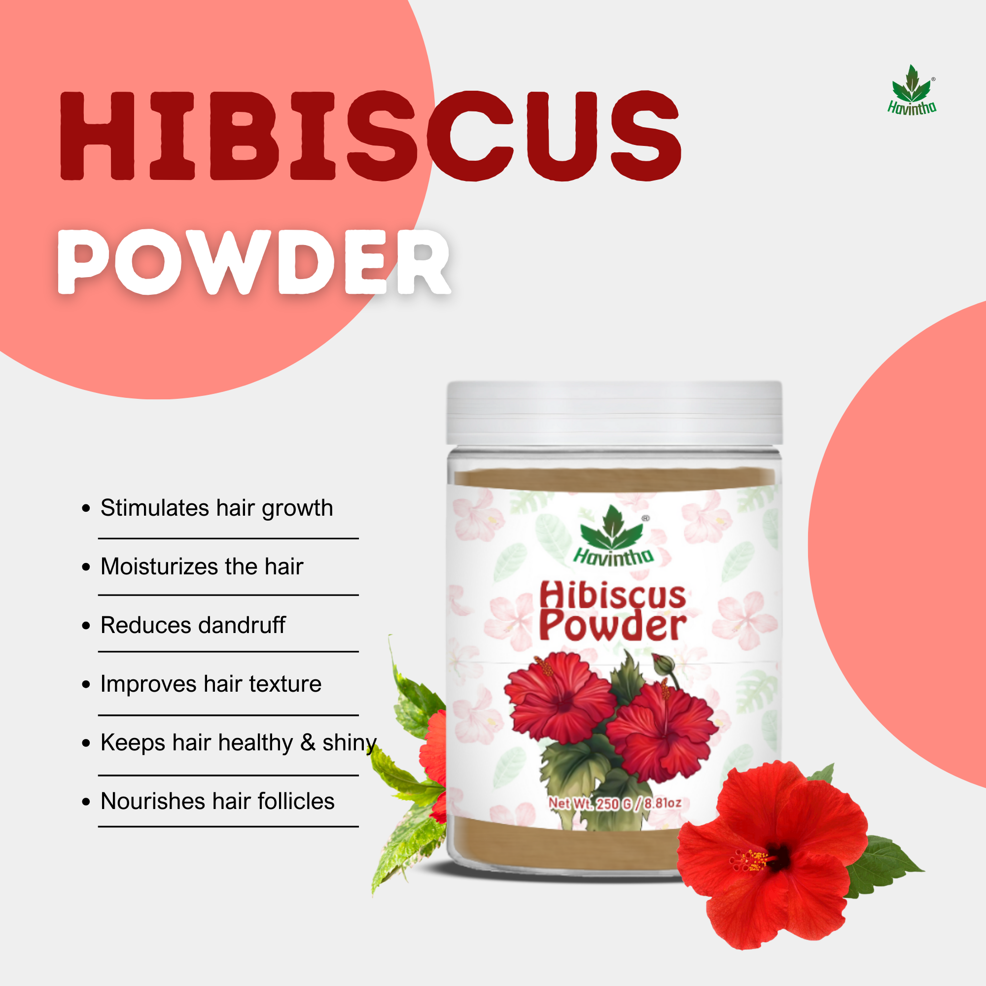 Havintha Natural Hibiscus Powder For Shiny Hair | For Strong Hair | Men & Women - 8 oz | 250 Grams (JAR)