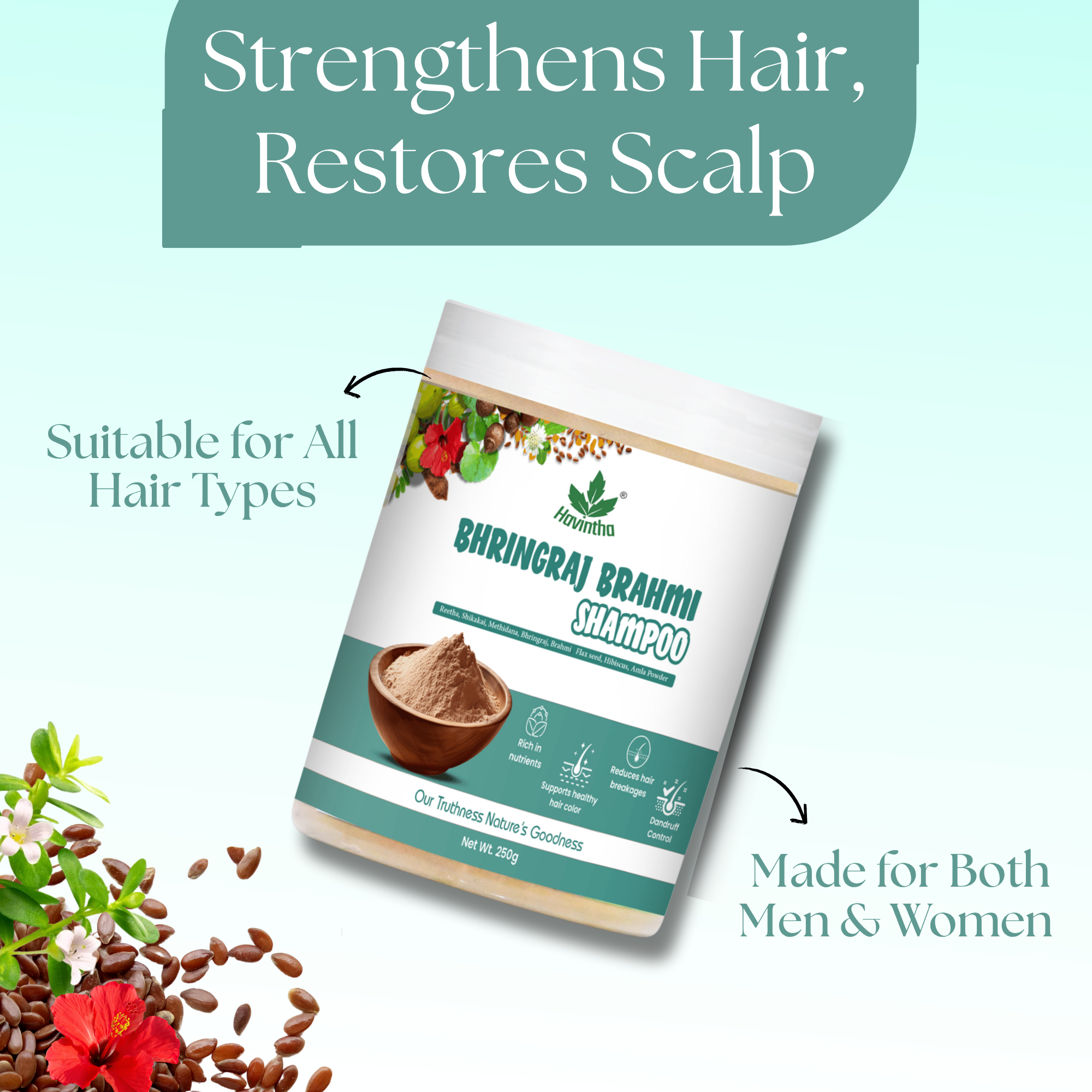 Natural Bhringraj & Brahmi Shampoo Powder For Dandruff & Scalp Problem | All Hair Types | Men & Women - 8 oz | 250gm