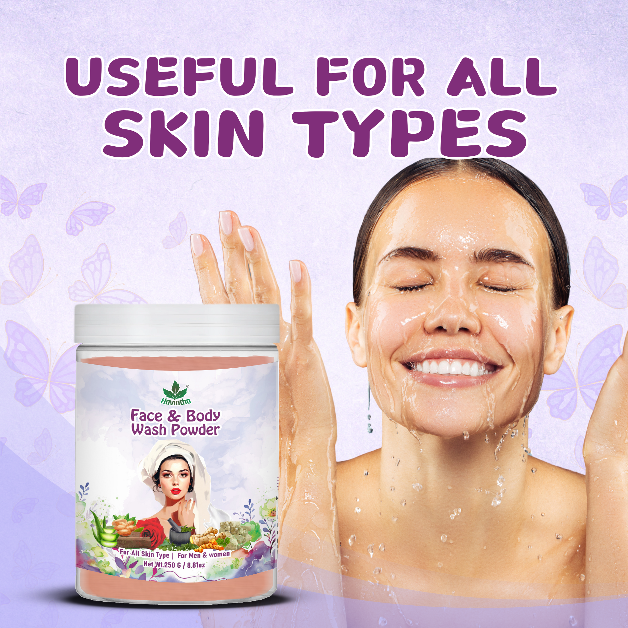 Havintha Natural Face & Body Wash Powder | For Glowing & Shiny Skin | 8 oz | 250 Grams (JAR)