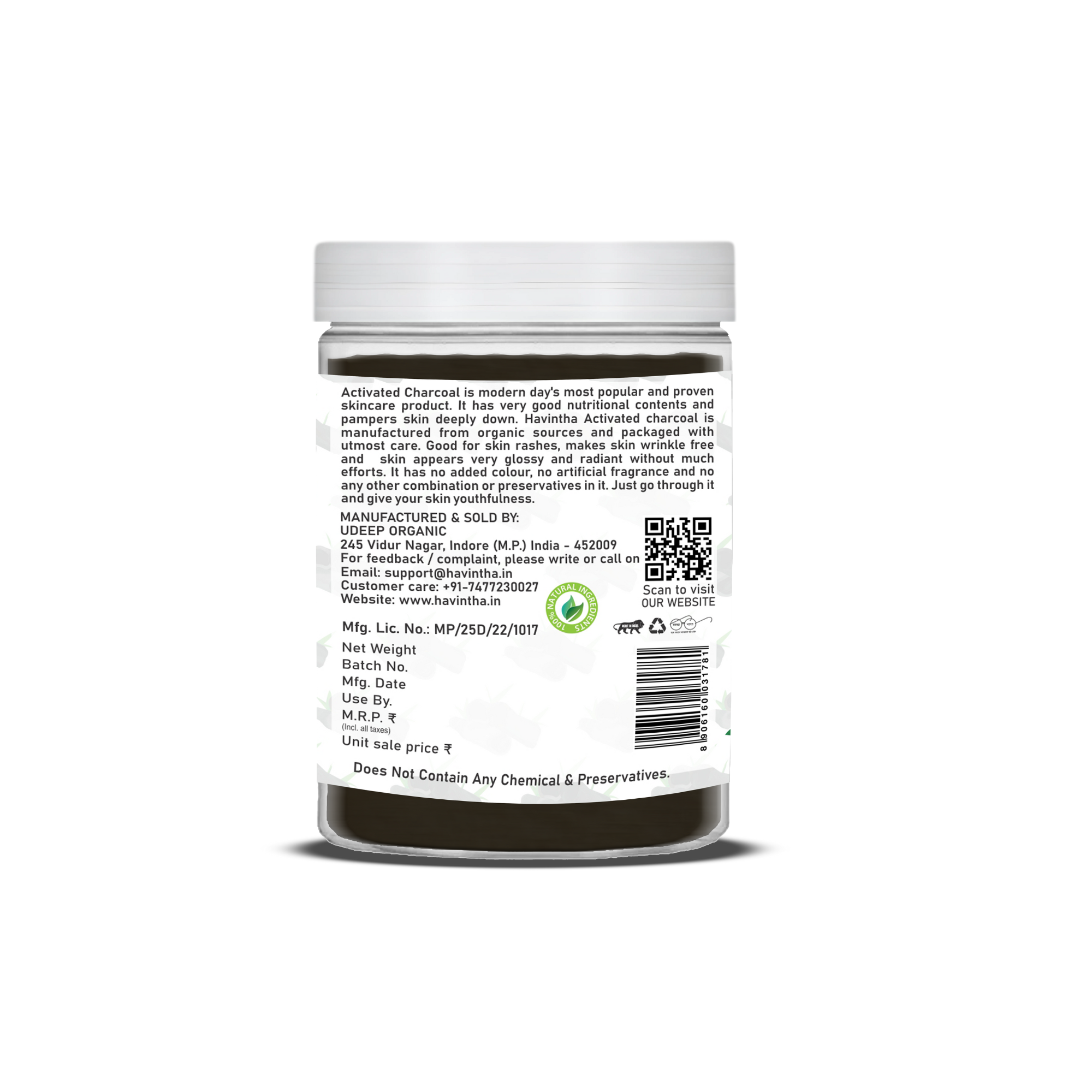 Havintha Activated Charcoal Powder | 100% Natural for Face & Body | 8 oz | 250 Grams (JAR)