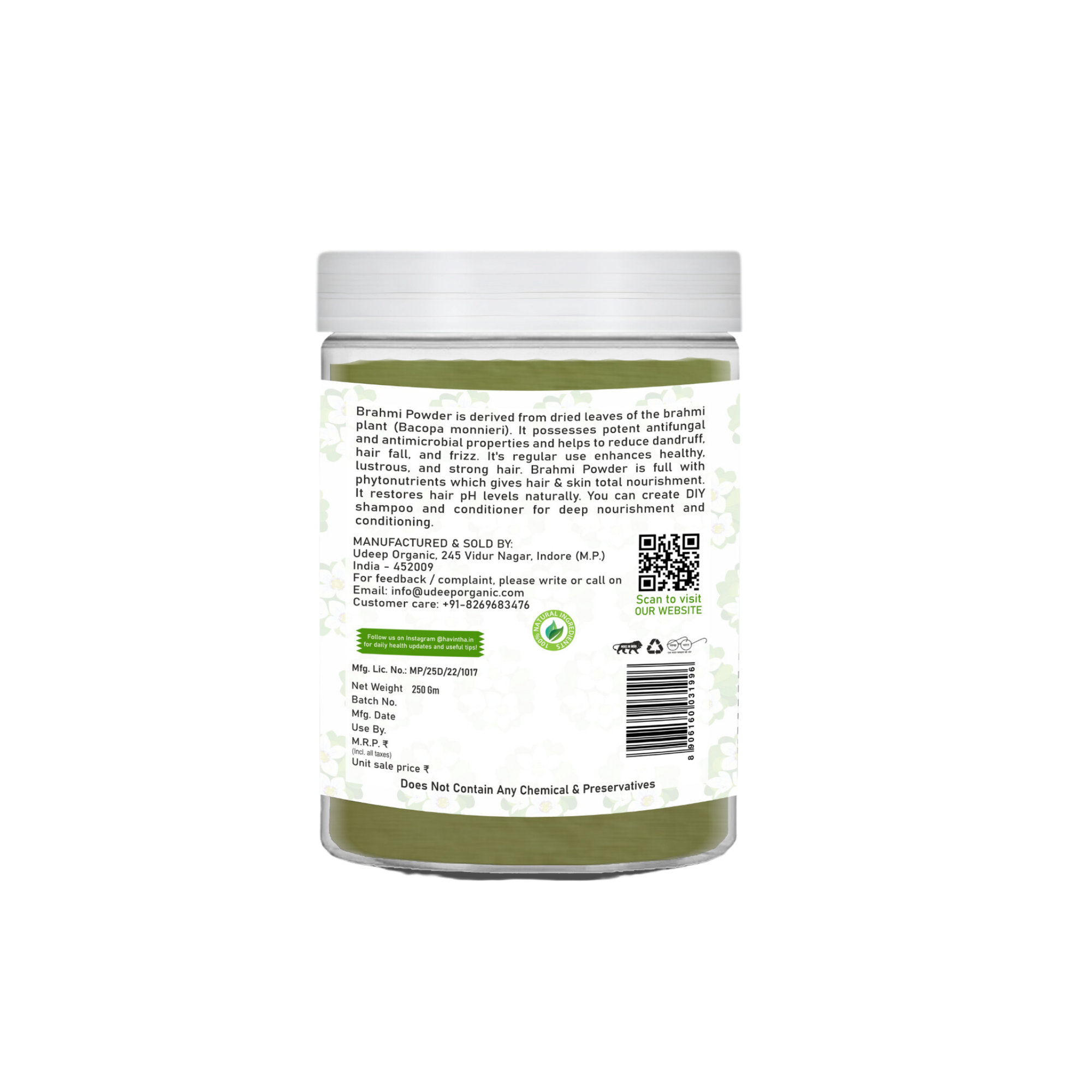 Havintha Brahmi Powder | For Good Health & Haircare | 8 oz | 250 Grams (JAR)