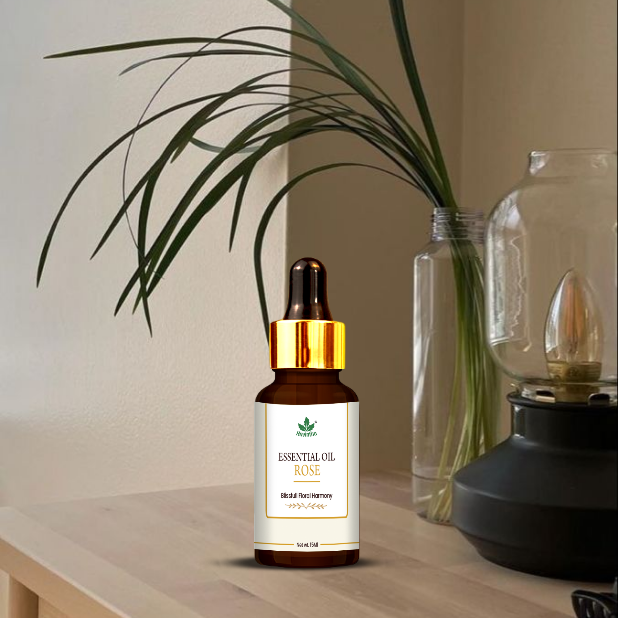 Havintha Rose Essential Oil For Hair, Skin and Stress Reduction | Pure and Organic Aroma - 15 ml