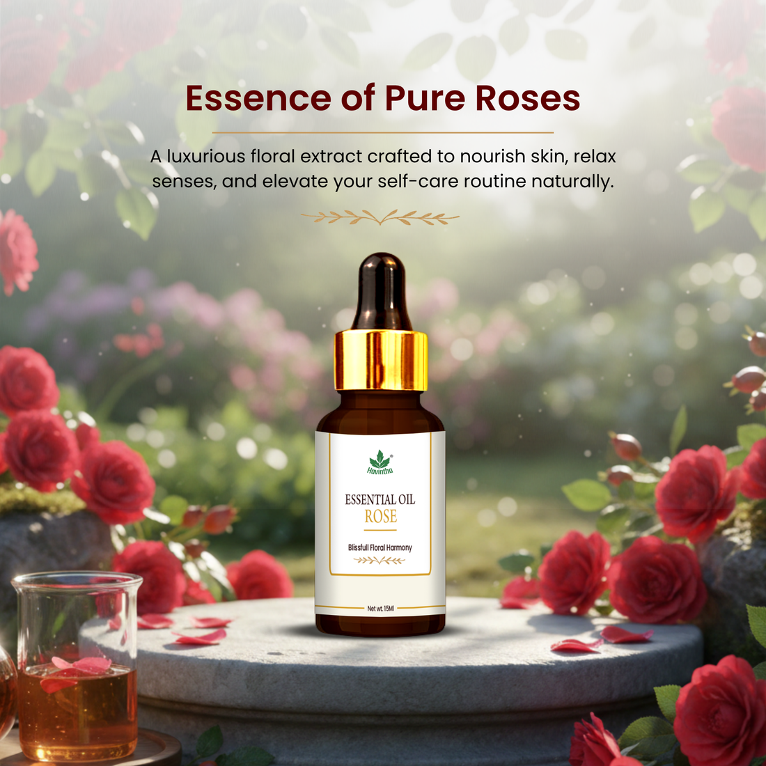 Havintha Rose Essential Oil For Hair, Skin and Stress Reduction | Pure and Organic Aroma - 15 ml