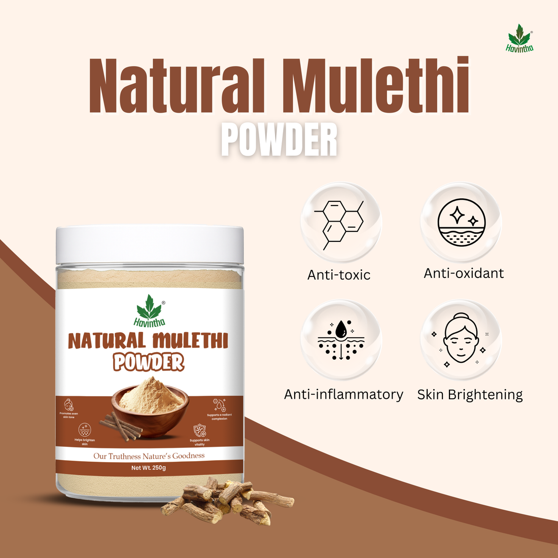 Havintha Natural Mulethi Powder | For Glowing Skin | For Face Brightening | 8 oz | 250 Grams (JAR)