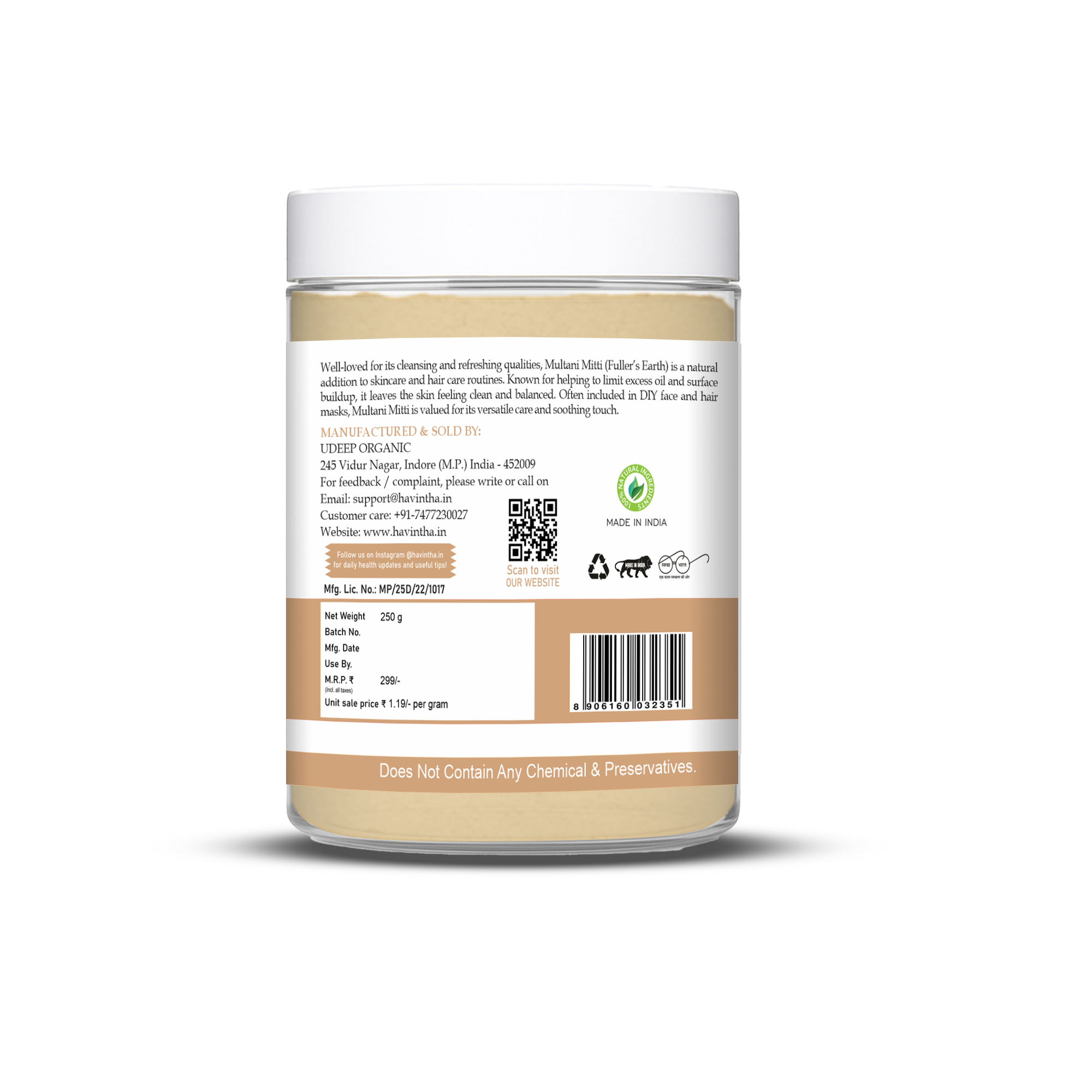 Havintha Natural Multani Mitti Powder | Natural Face Pack & Skin Care | 8.81 oz | 250 Grams (JAR)