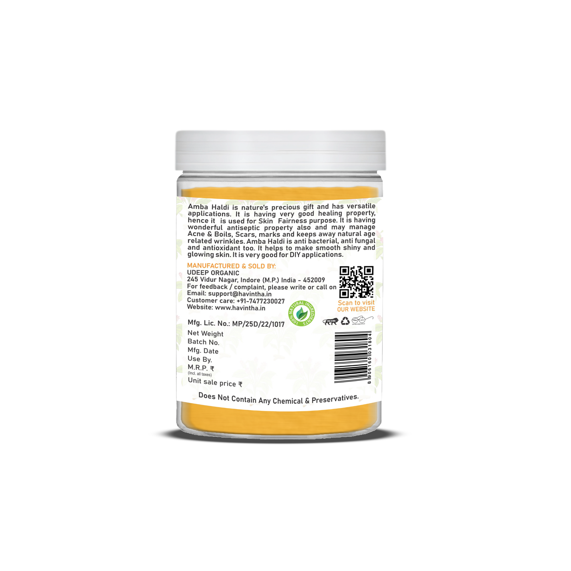 Havintha Natural Amba Haldi Powder for Face | For Bright Skin | Natural Face Care | 8 oz | 250 Grams (JAR)