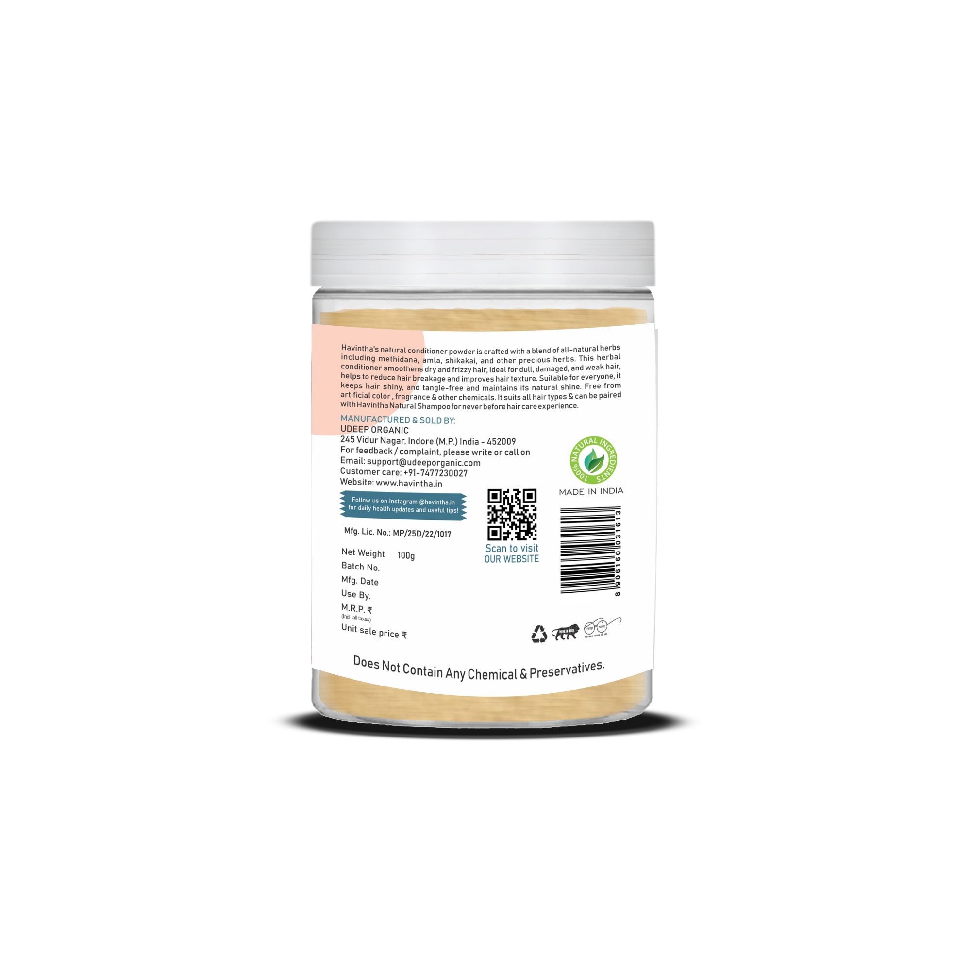 Havintha Natural Hair Conditioner: Smoothen Dry, Frizzy Hair | Repair Dull, Damaged Strands | Prevent Breakage, Improve Texture - Herbal Formula | Women & Men - 8 oz | 250 gm