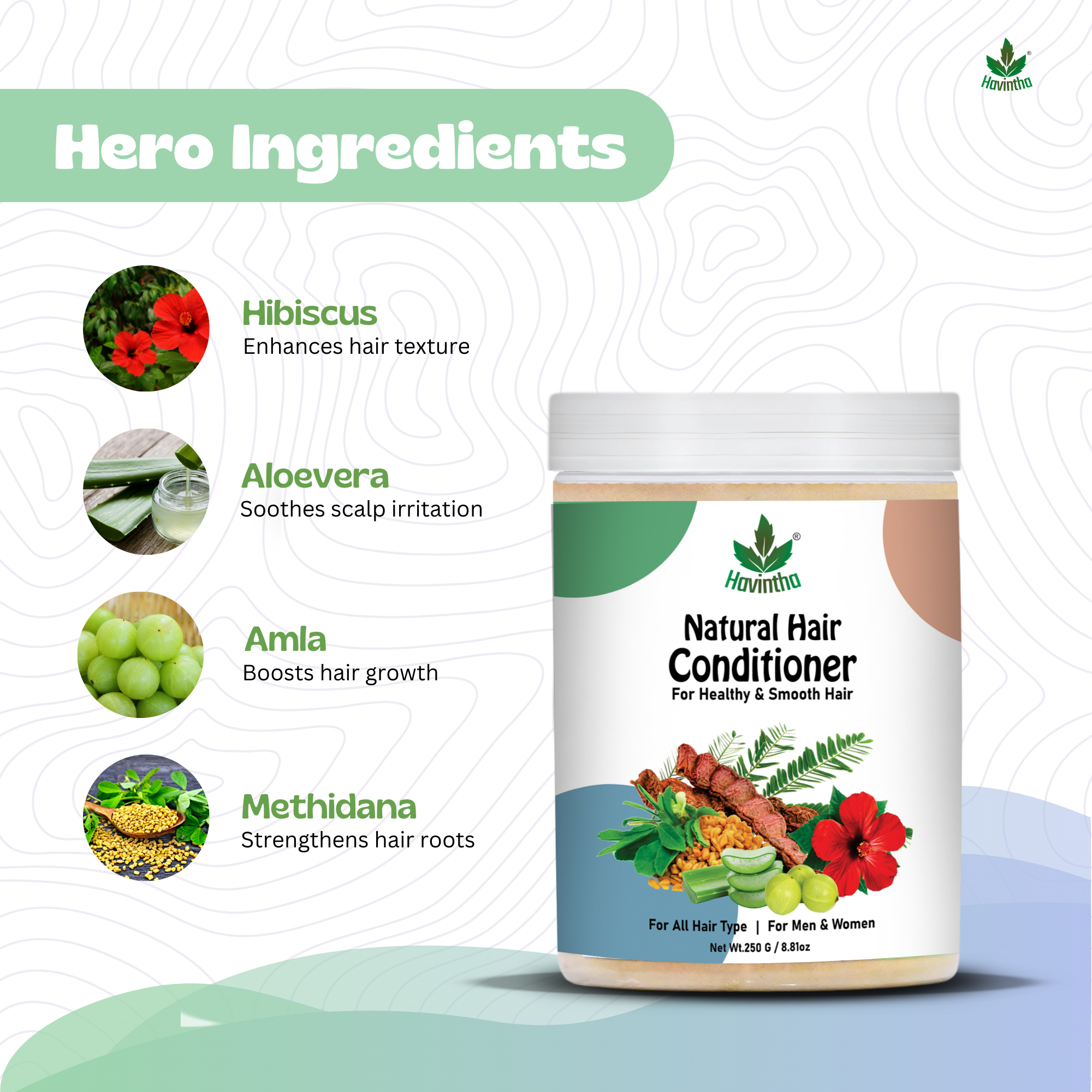 Havintha Natural Hair Conditioner: Smoothen Dry, Frizzy Hair | Repair Dull, Damaged Strands | Prevent Breakage, Improve Texture - Herbal Formula | Women & Men - 8 oz | 250 gm