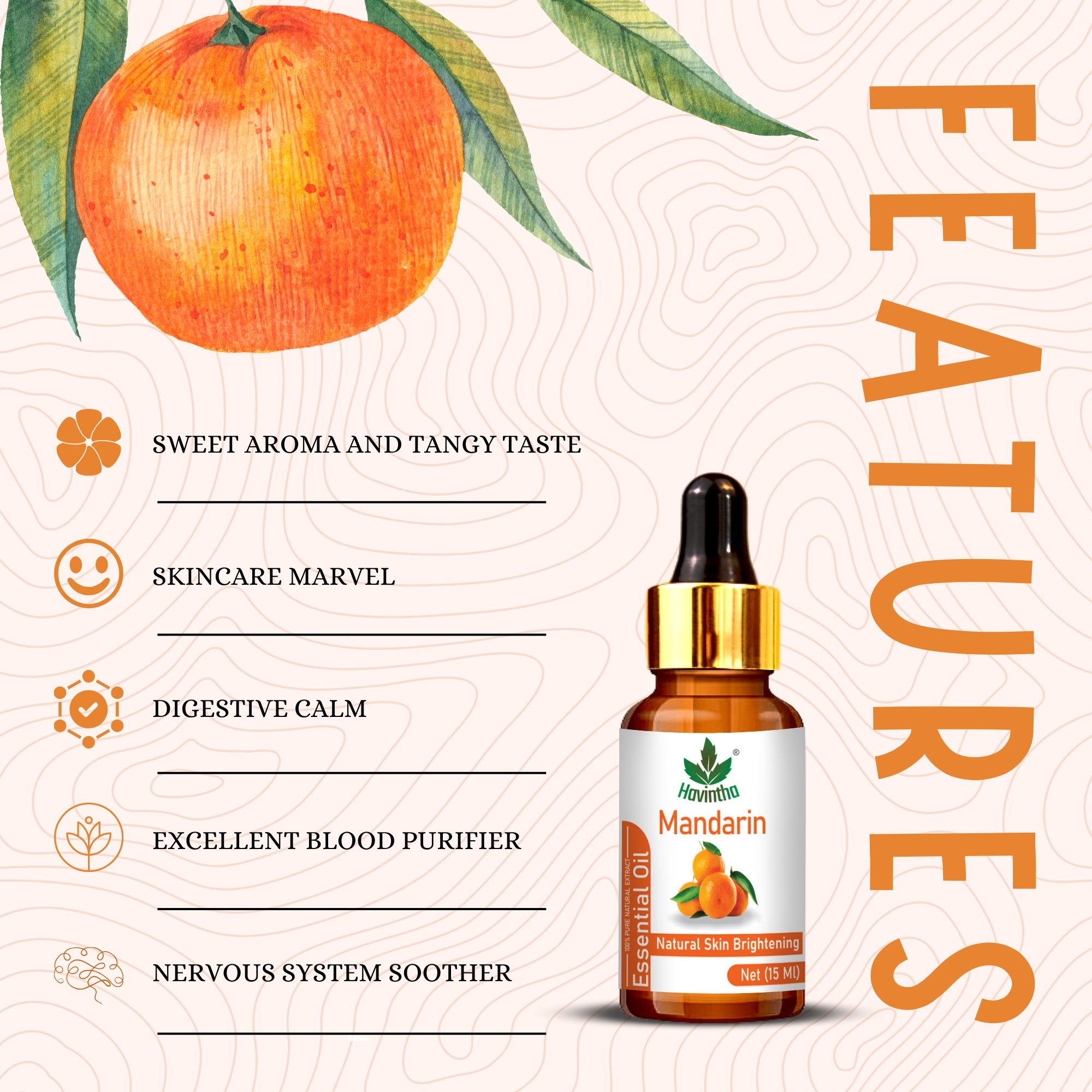 Havintha Pure and Organic Mandarin Essential Oil for Hair Care , Acne & Wrinkles and Aromatherapy-15 ml.