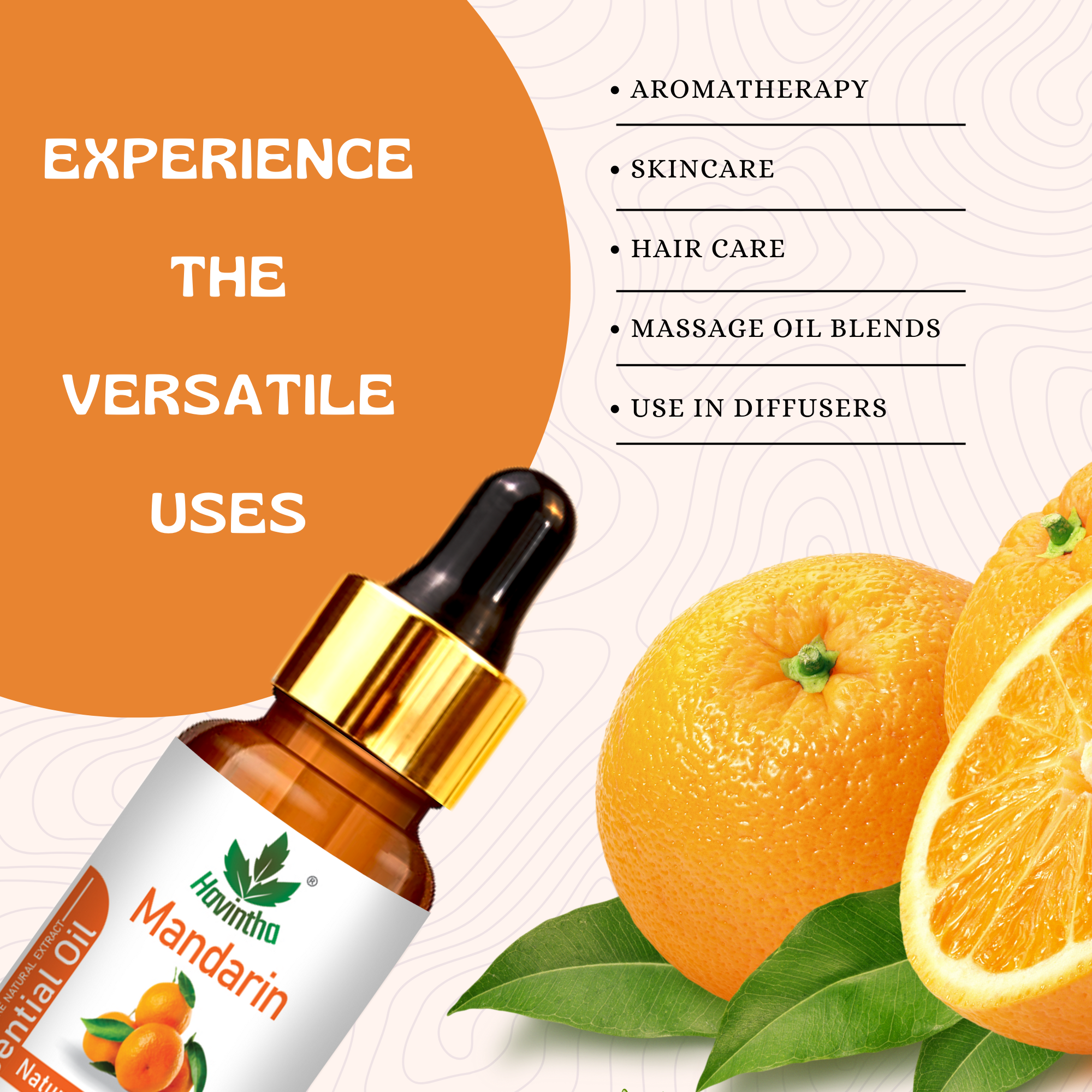 Havintha Pure and Organic Mandarin Essential Oil for Hair Care , Acne & Wrinkles and Aromatherapy-15 ml.