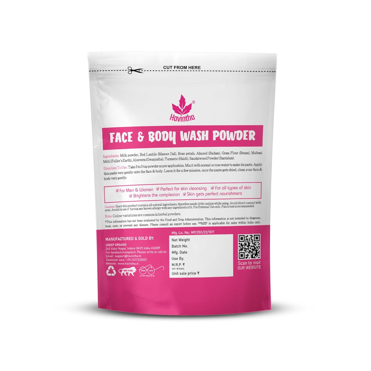 Havintha Natural Face and Body Wash Powder for All Skin Types - 8 oz | 0.5 lb | 227 gm