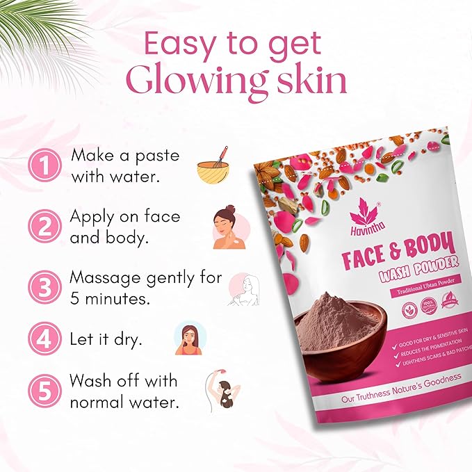 Havintha Natural Face and Body Wash Powder for All Skin Types - 8 oz | 0.5 lb | 227 gm