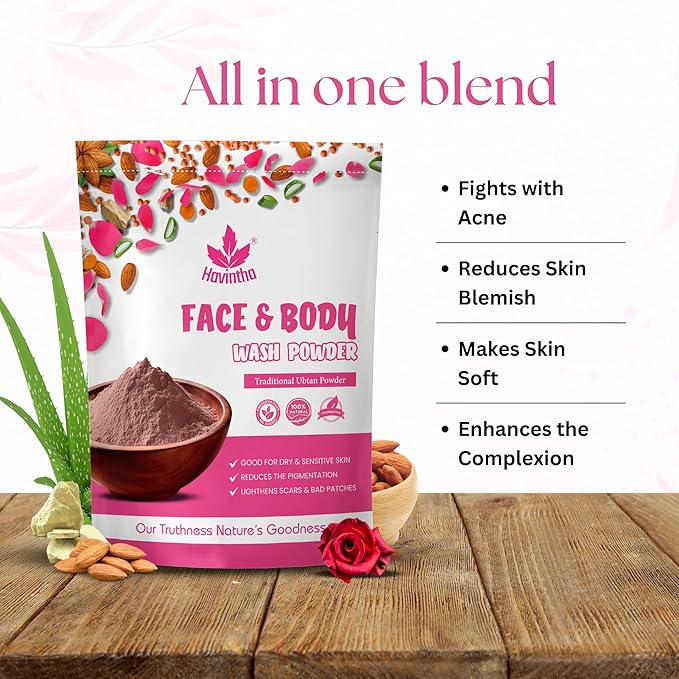Havintha Natural Face and Body Wash Powder for All Skin Types - 8 oz | 0.5 lb | 227 gm