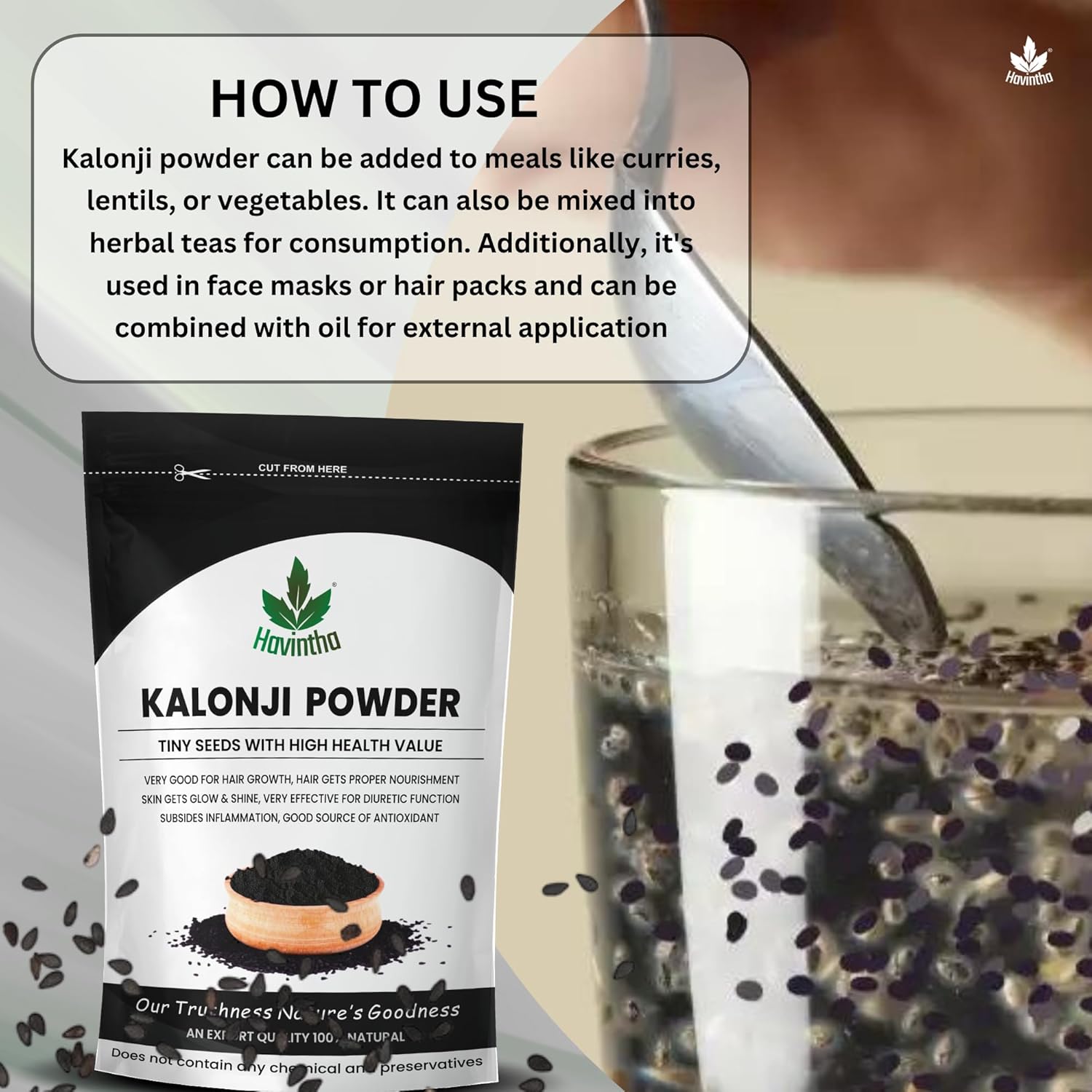Havintha kalonji powder for managing sugar levels hair growth split ends skin health - 8 oz | 0.5 lb | 227 gm