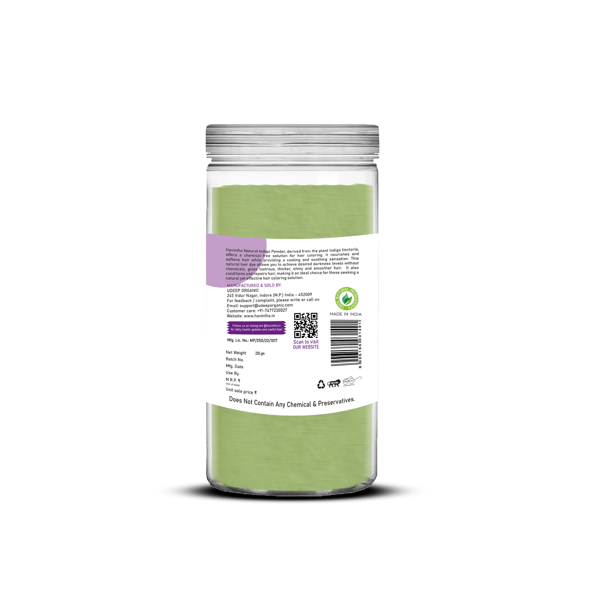 Havintha Natural Indigo Powder for Natural hair coloring | For All Hair Type | 8 oz | 250 Grams (JAR)