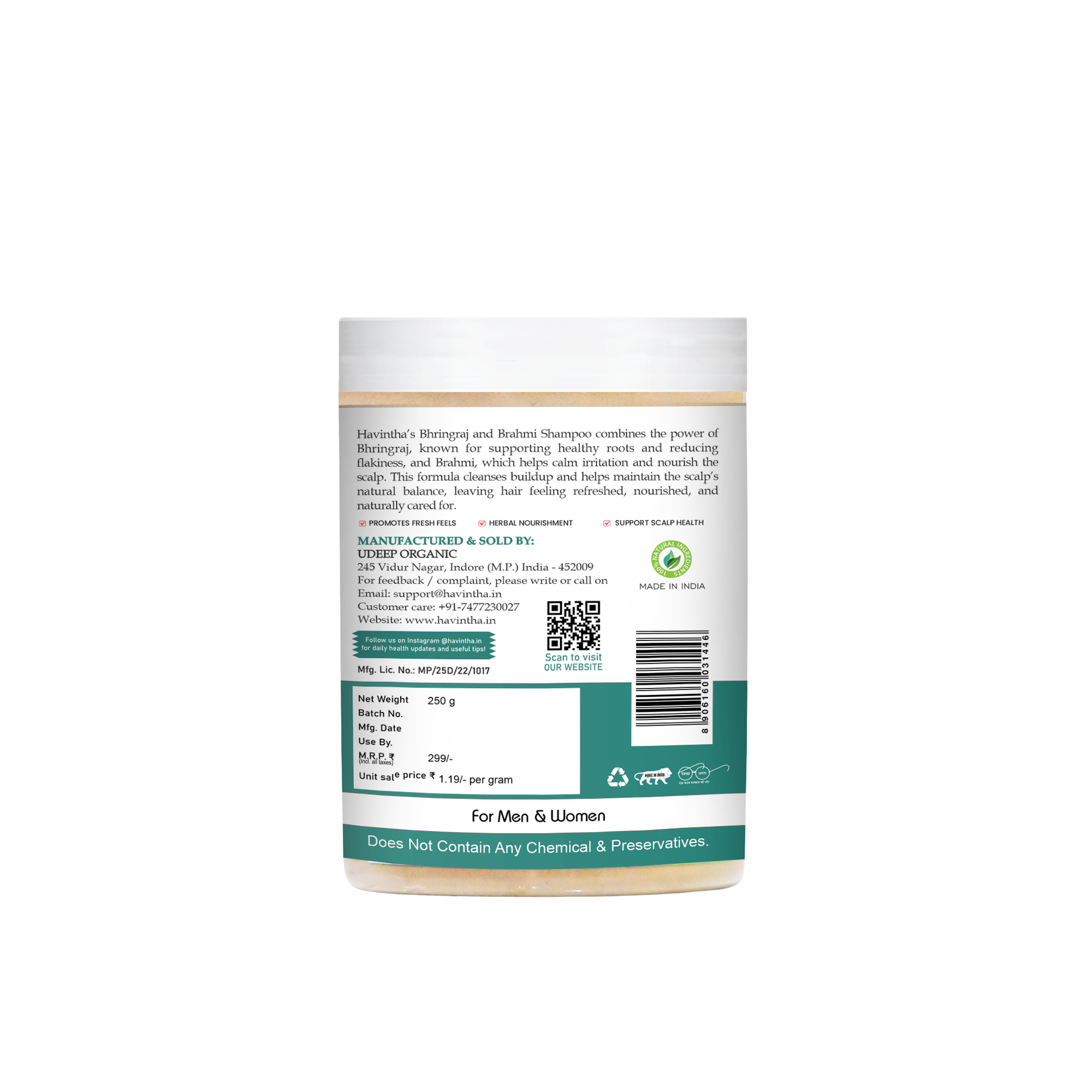 Natural Bhringraj & Brahmi Shampoo Powder For Dandruff & Scalp Problem | All Hair Types | Men & Women - 8 oz | 250gm