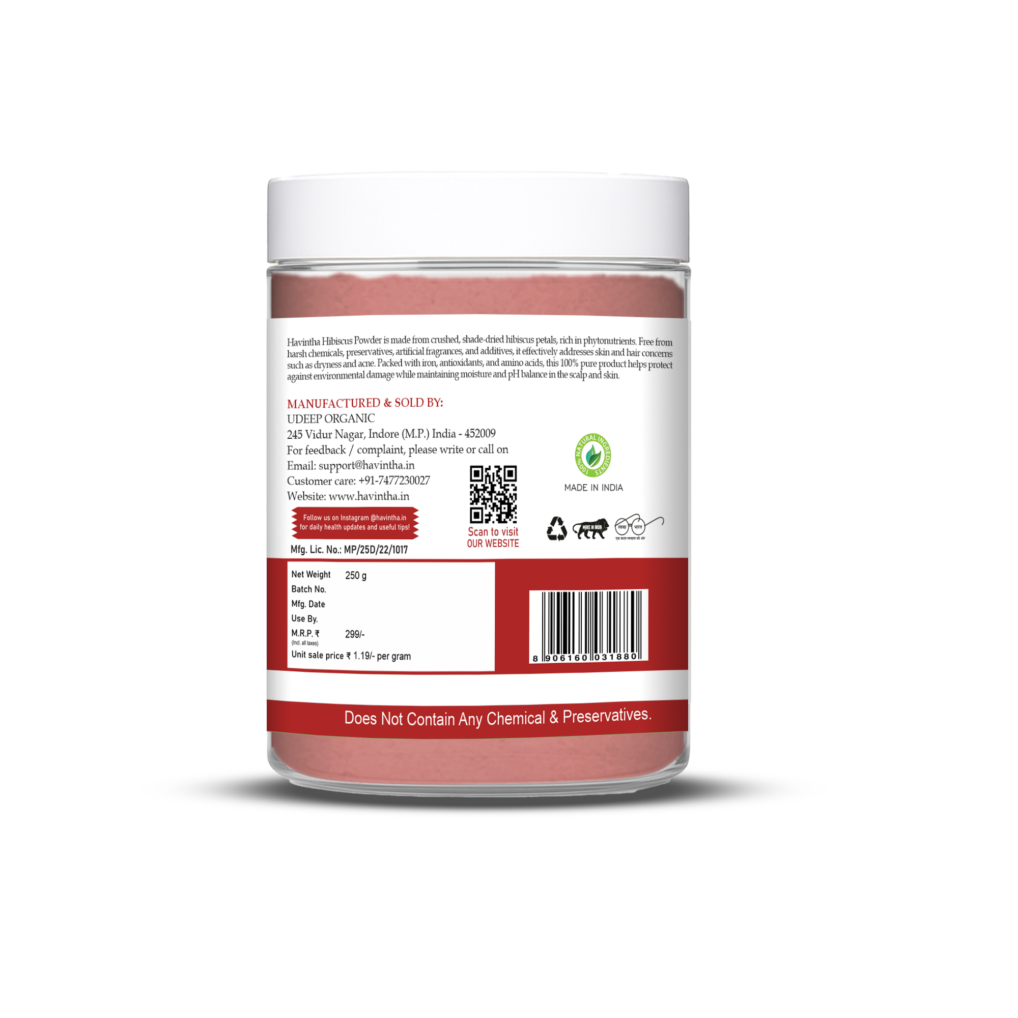 Havintha Natural Hibiscus Powder For Shiny Hair | For Strong Hair | Men & Women - 8.81 oz | 250 Grams (JAR)