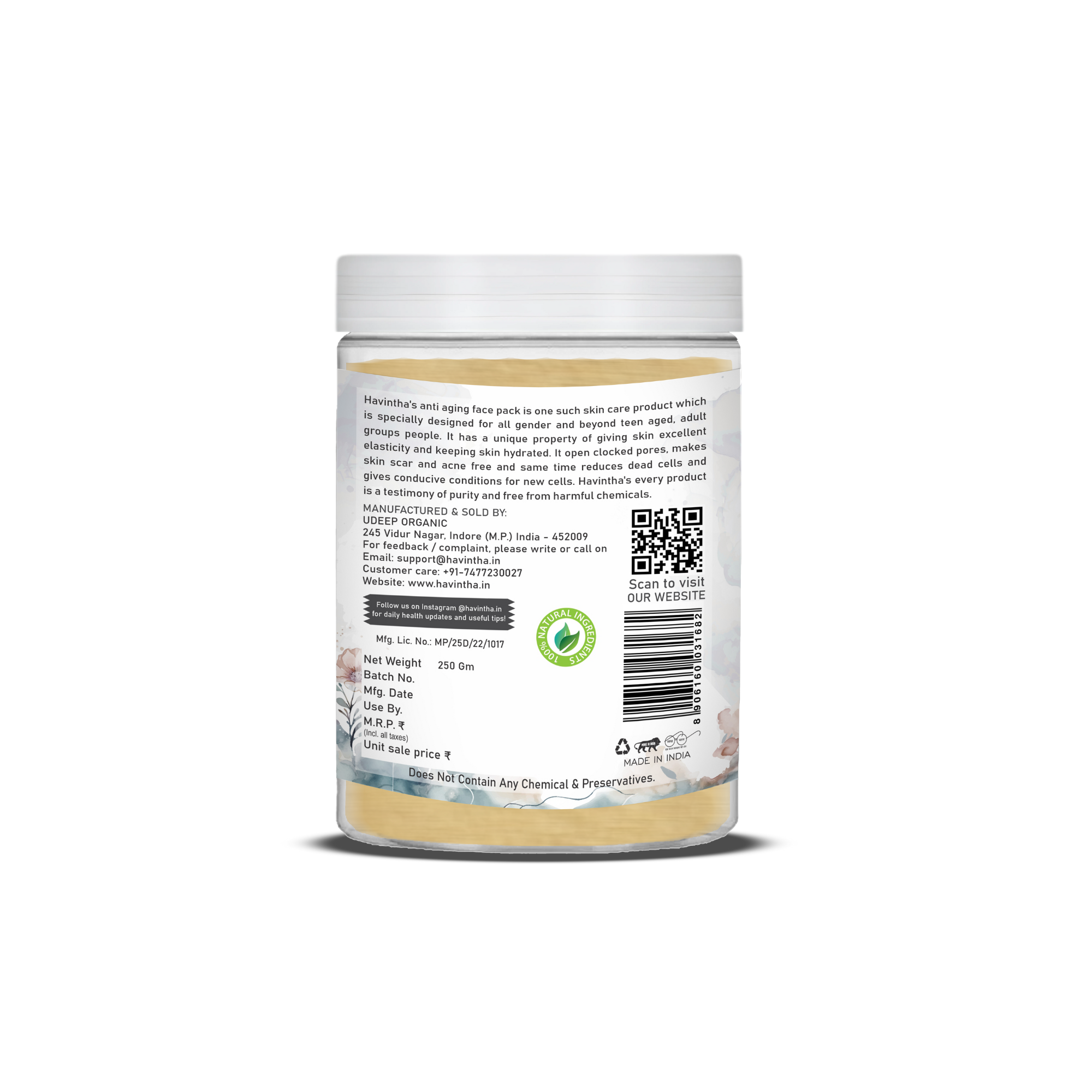 Havintha Anti aging face pack | Makes Healthy Skin | Improve Skin Texture | 8.81 oz | 250 Grams (JAR)