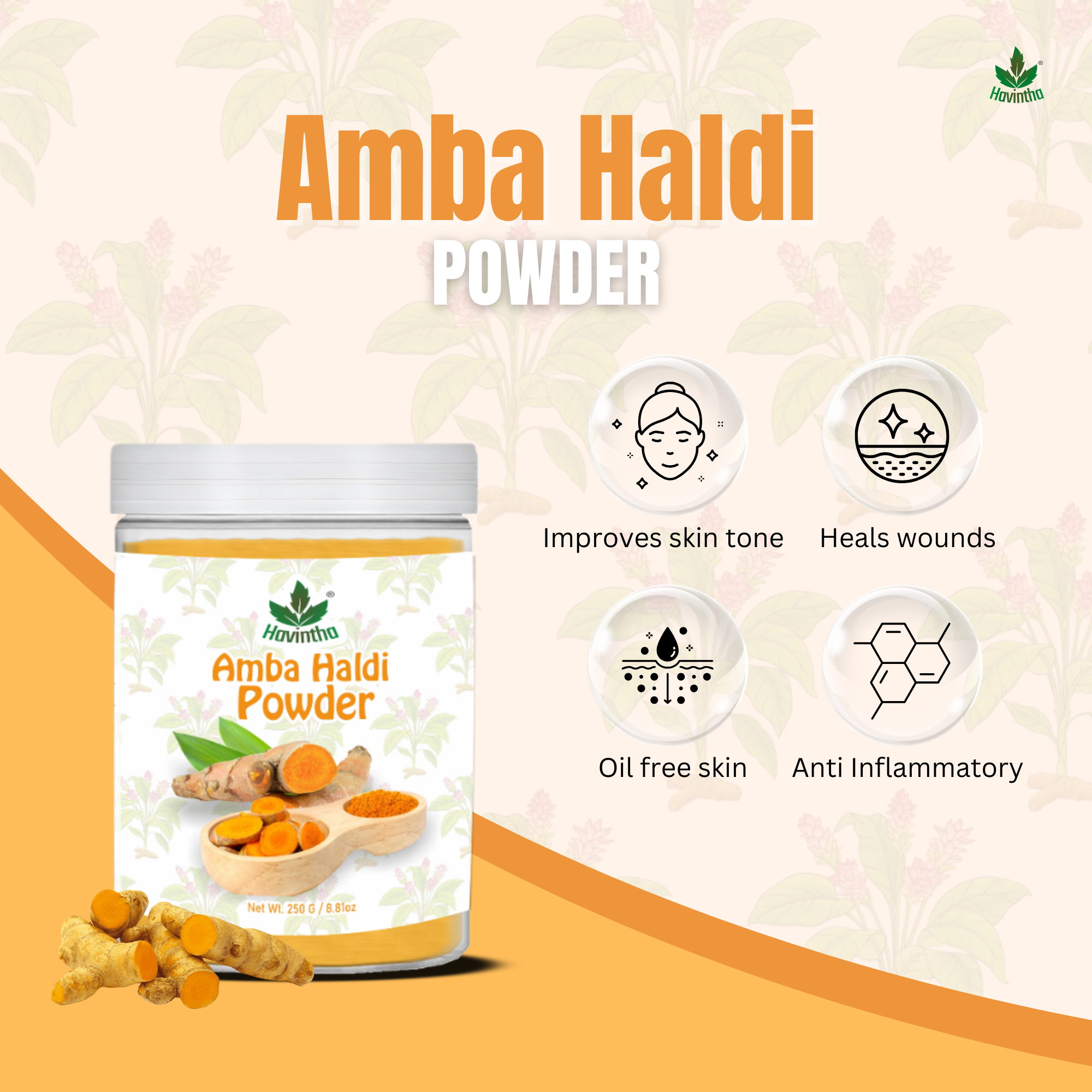 Havintha Natural Amba Haldi Powder for Face | For Bright Skin | Natural Face Care | 8 oz | 250 Grams (JAR)