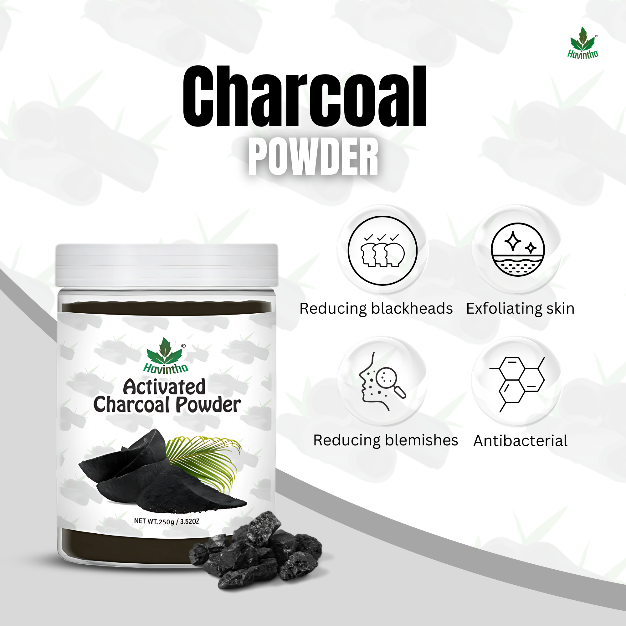 Havintha Activated Charcoal Powder | 100% Natural for Face & Body | 8 oz | 250 Grams (JAR)