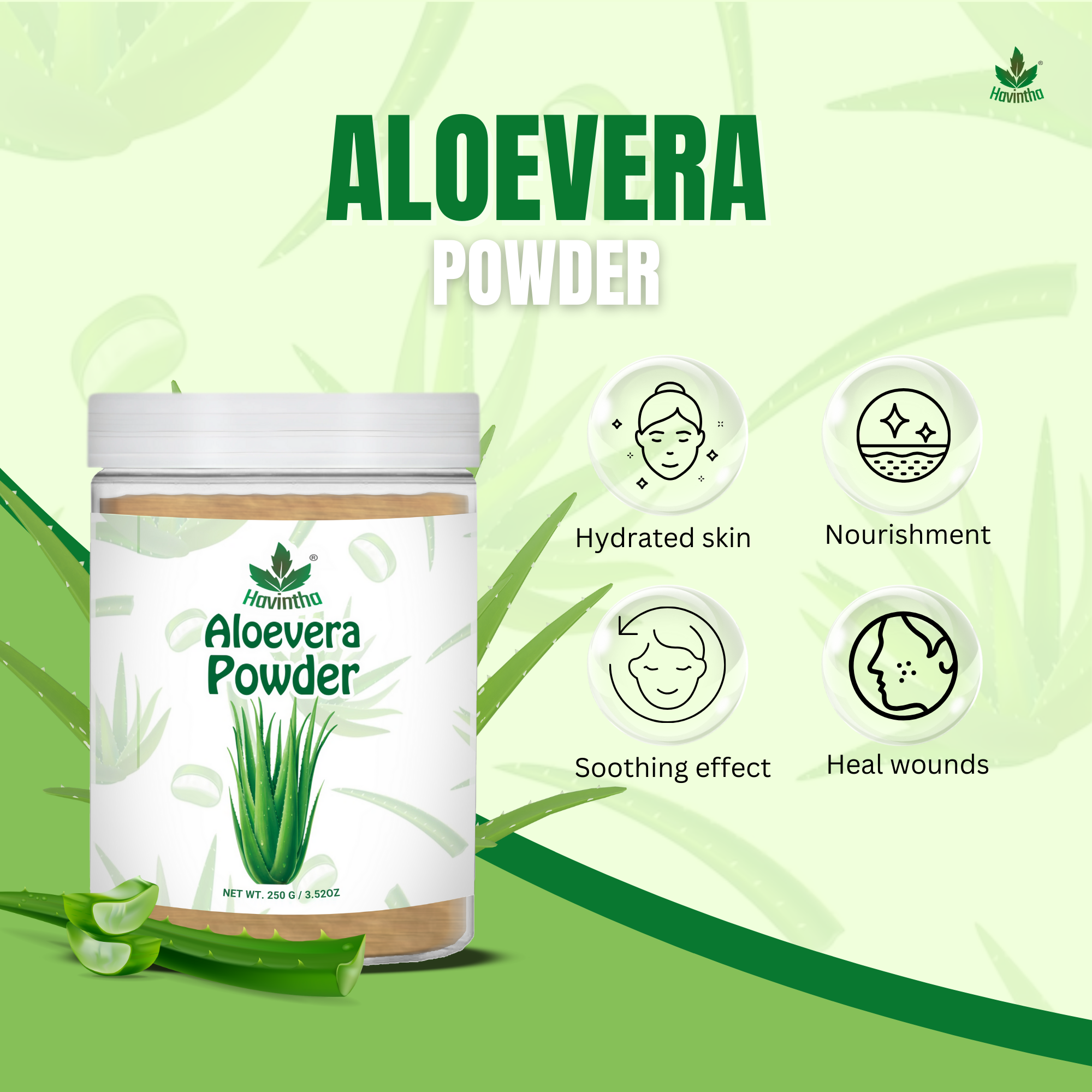 Havintha Natural Aloevera Powder for clean skin | For Glowing Skin | Natural Face Care | 8 oz | 250 Grams (JAR)