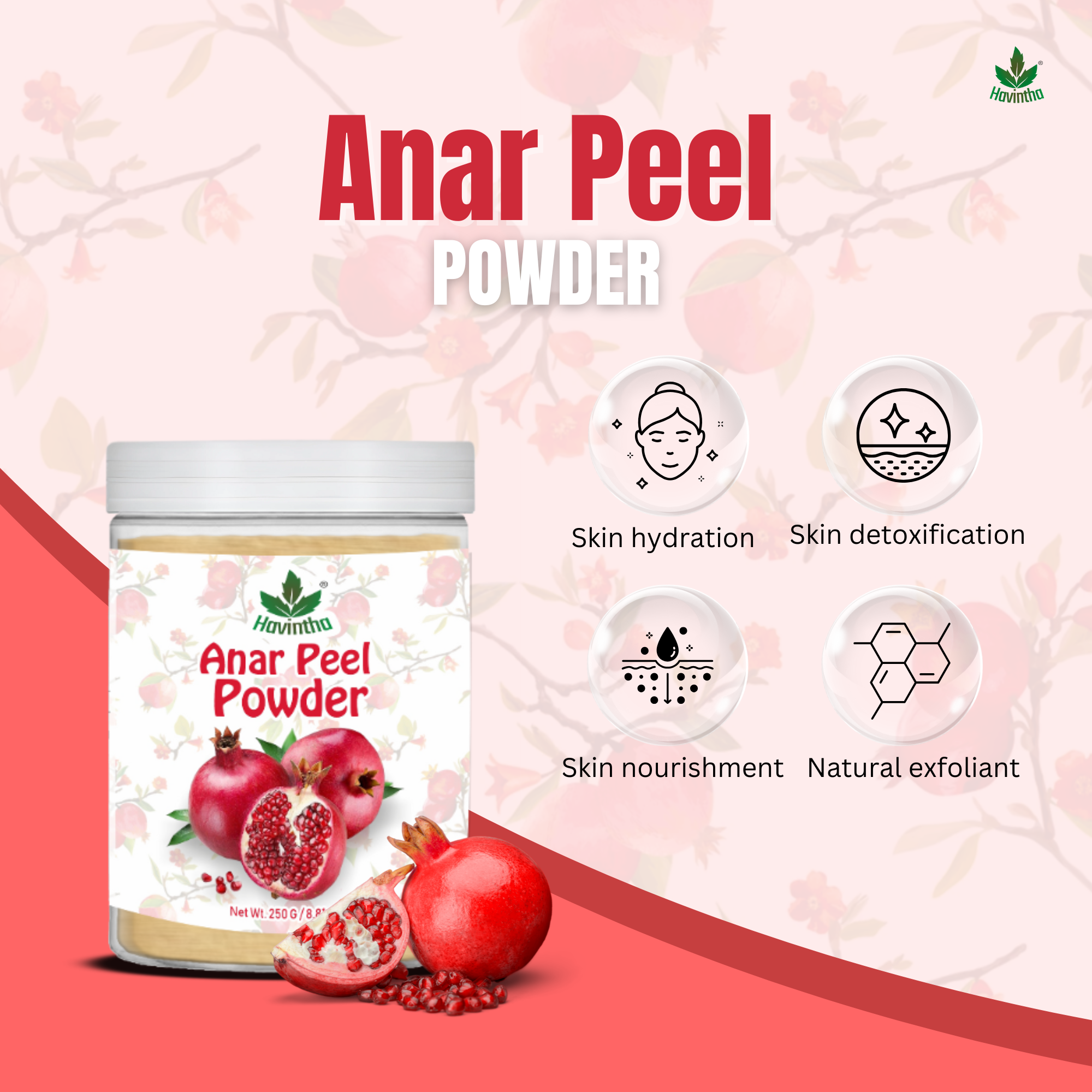 Havintha Natural Anar Peel Powder | For Glowing Skin | Herbal Skin Care | 8 oz | 250 Grams (JAR)