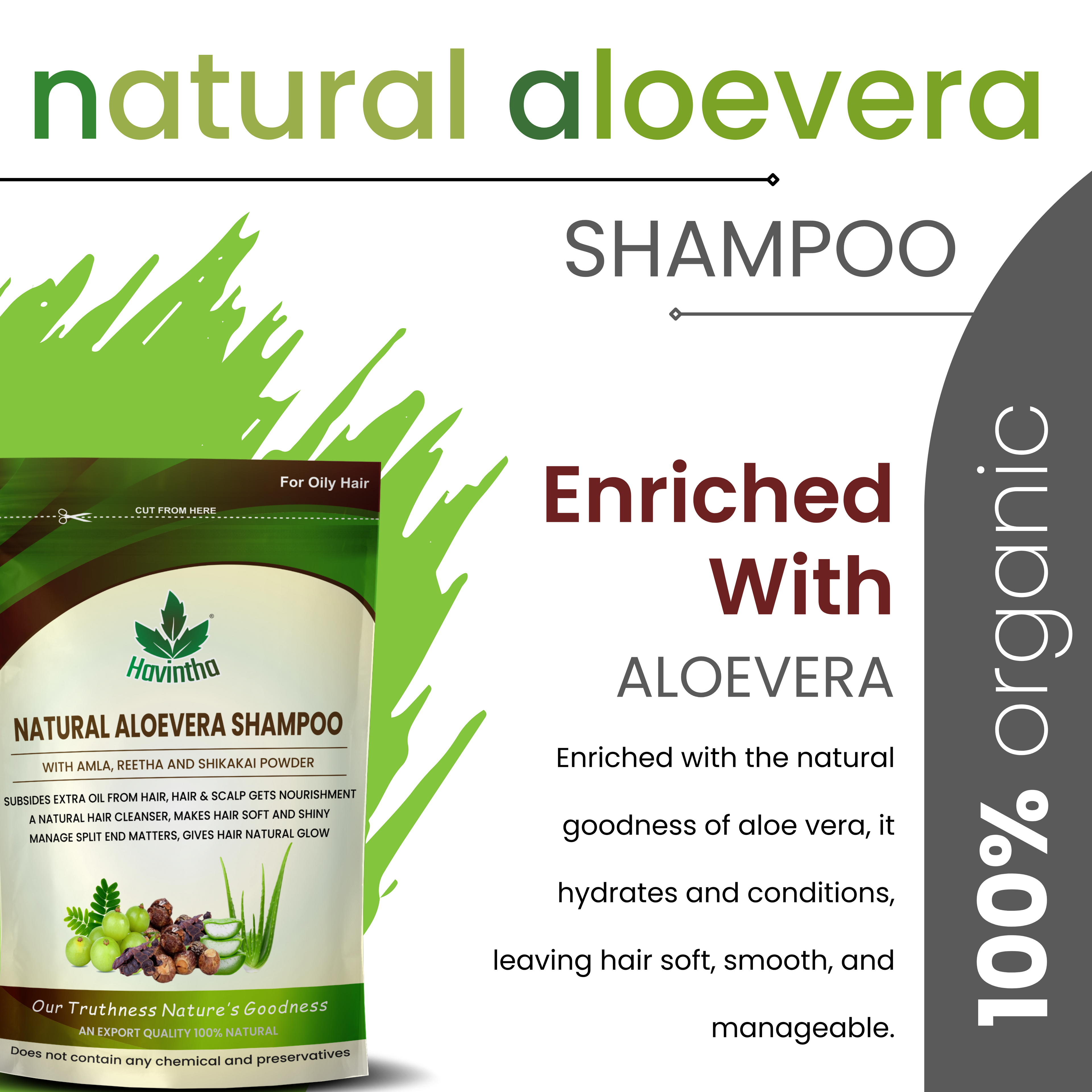 Havintha Natural Amla Reetha Shikakai and Aloevera Powder Shampoo for Oily Hair - 8 oz | 0.5 lb | 227 gm
