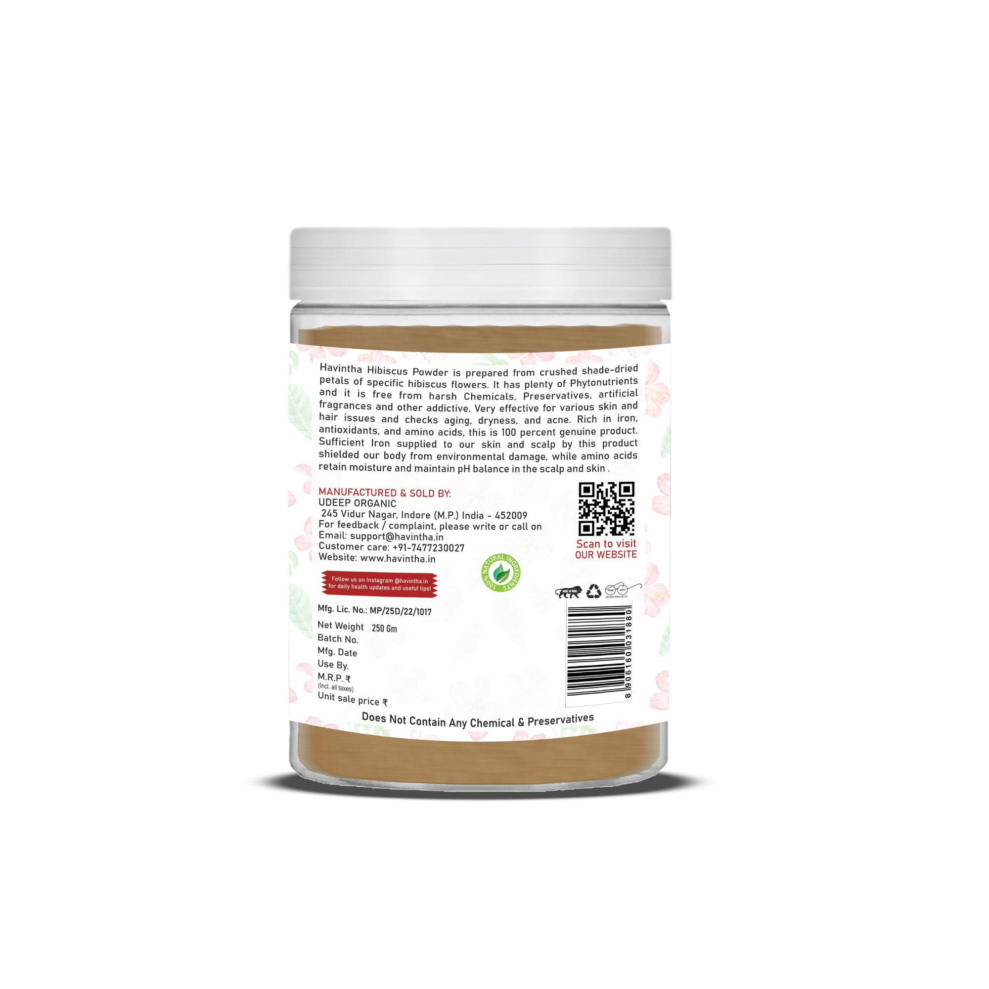 Havintha Natural Hibiscus Powder For Shiny Hair | For Strong Hair | Men & Women - 8 oz | 250 Grams (JAR)