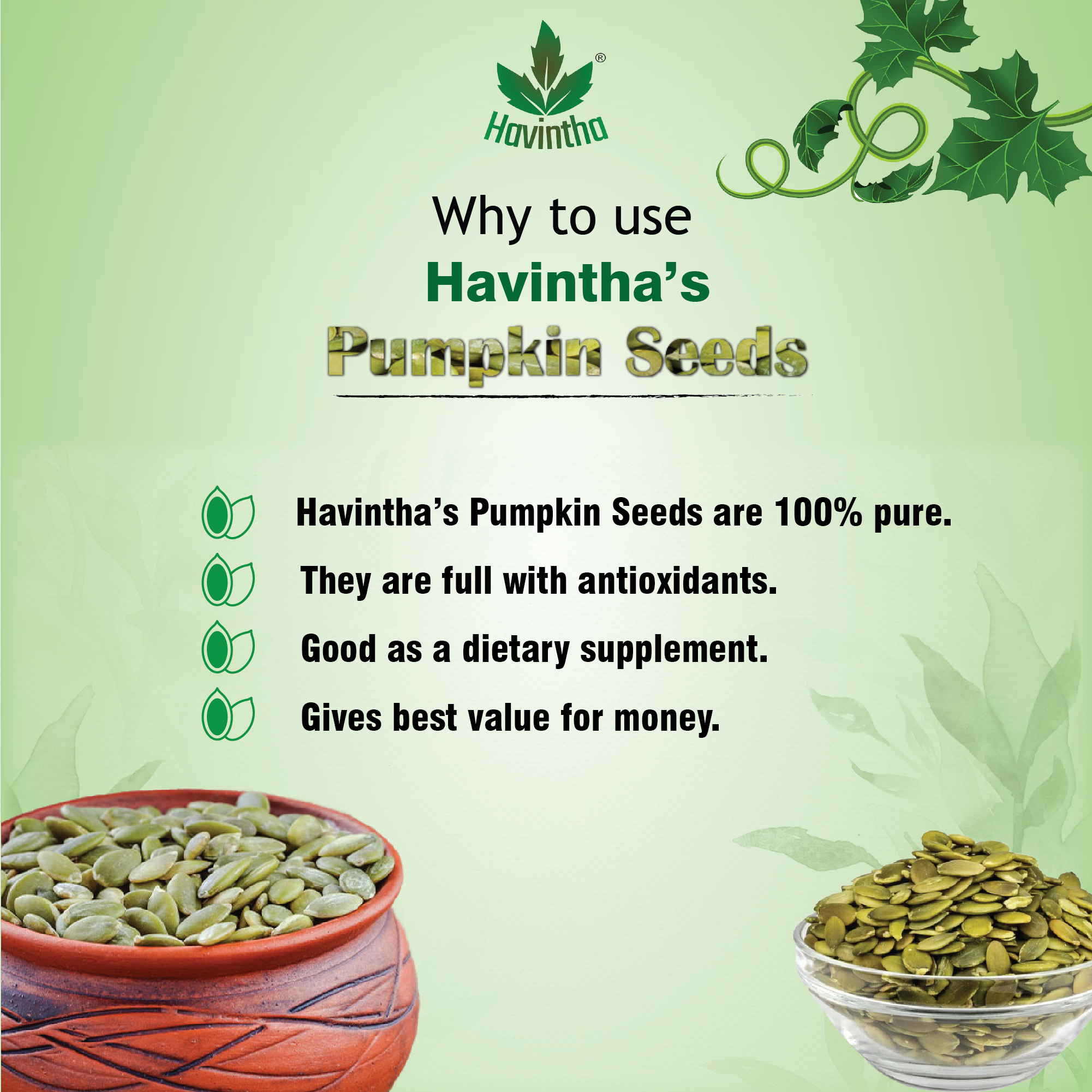 Havintha pumpkin seeds for hair regrowth heart and bladder health skin sugar level management - 8 oz | 0.5 lb | 227 gm