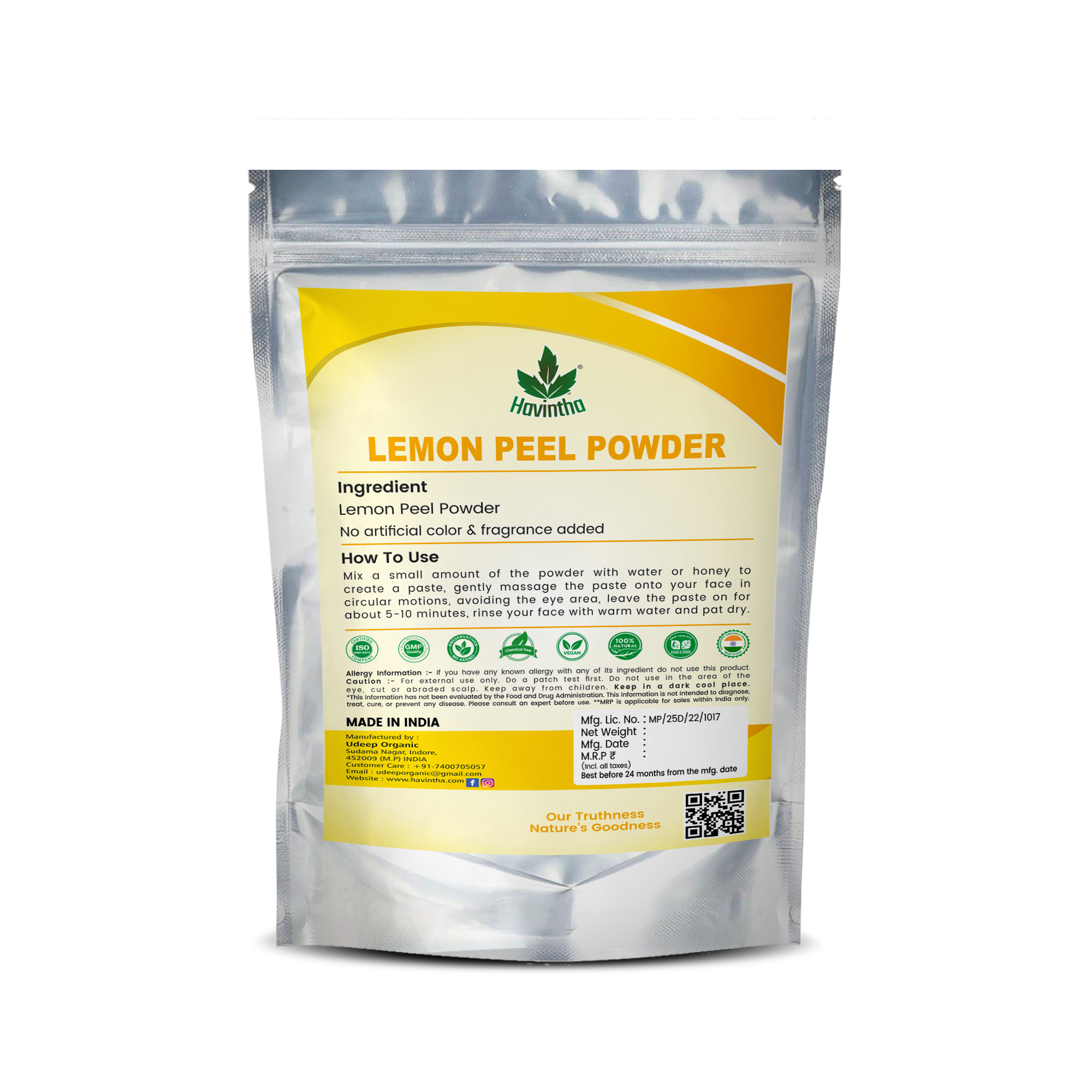 Havintha Natural Lemon Peel Powder for Face Pack | Bright Skin - 8 oz | 0.5 lb | 227 gm