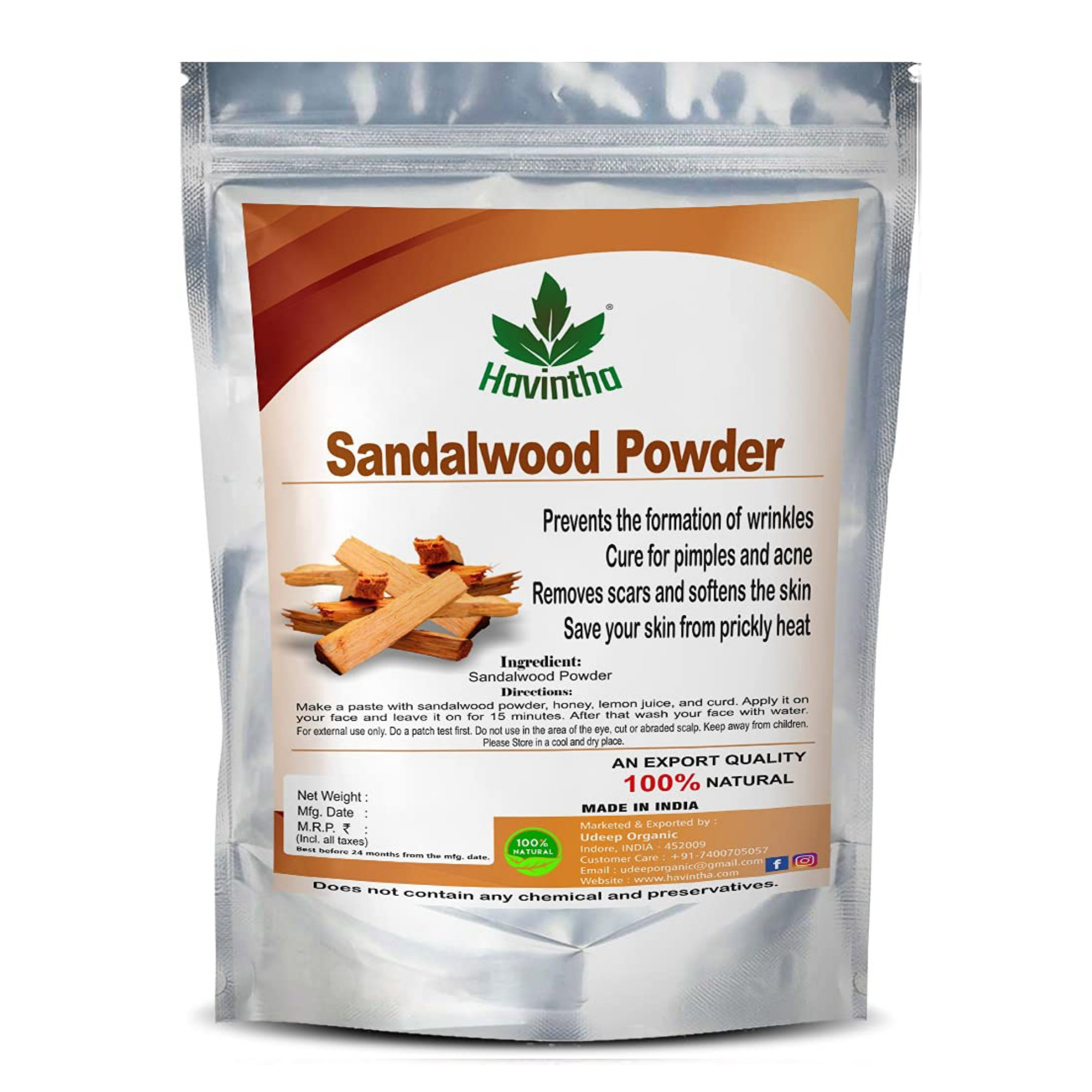 Havintha pure and natural Sandal wood powder for skin care ,face wash - 3.5 oz | 0.2 lb | 100 gm