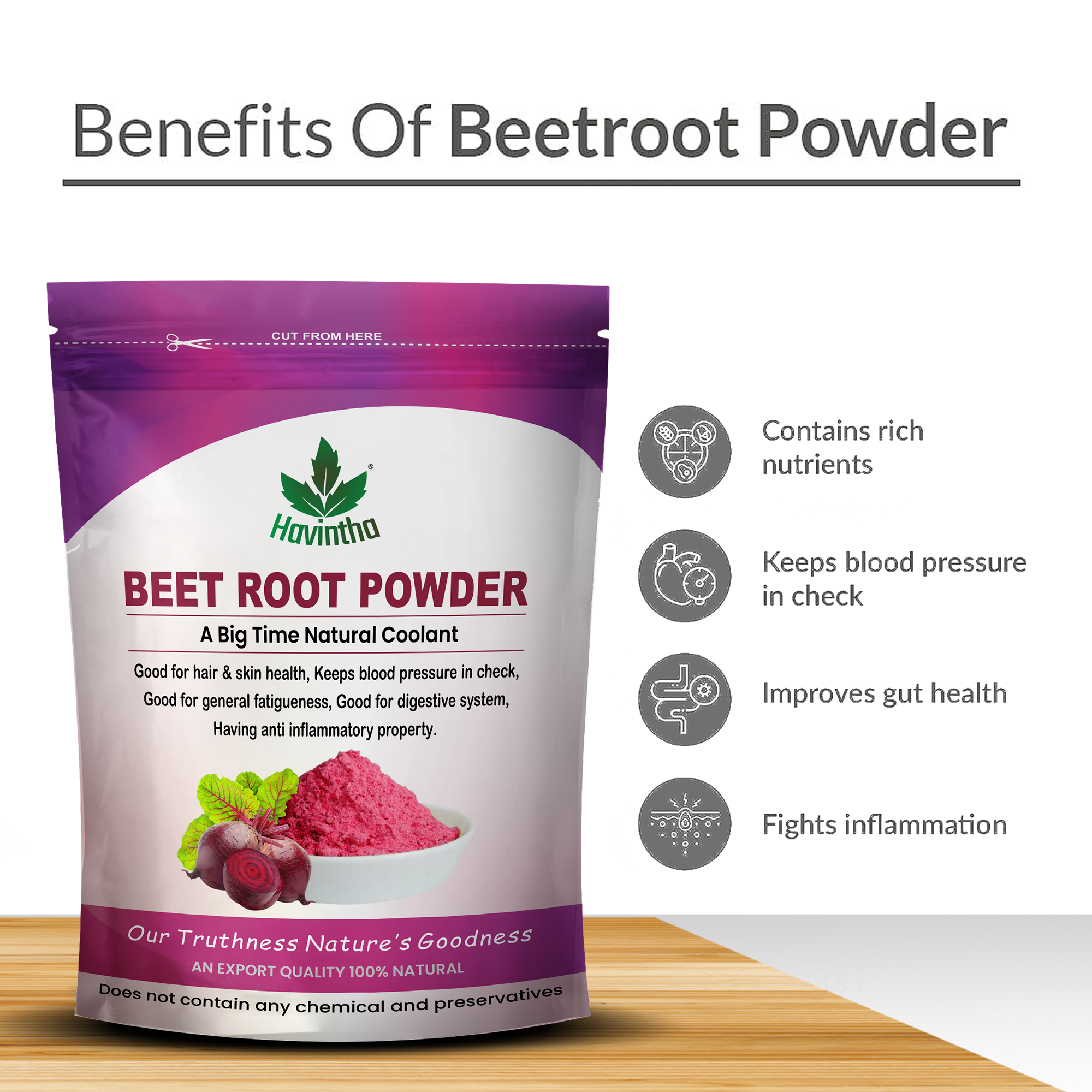 Havintha Natural Beet Root Powder For Improves Heart Health and Blood Pressure - 8 oz | 0.5 lb | 227 gm