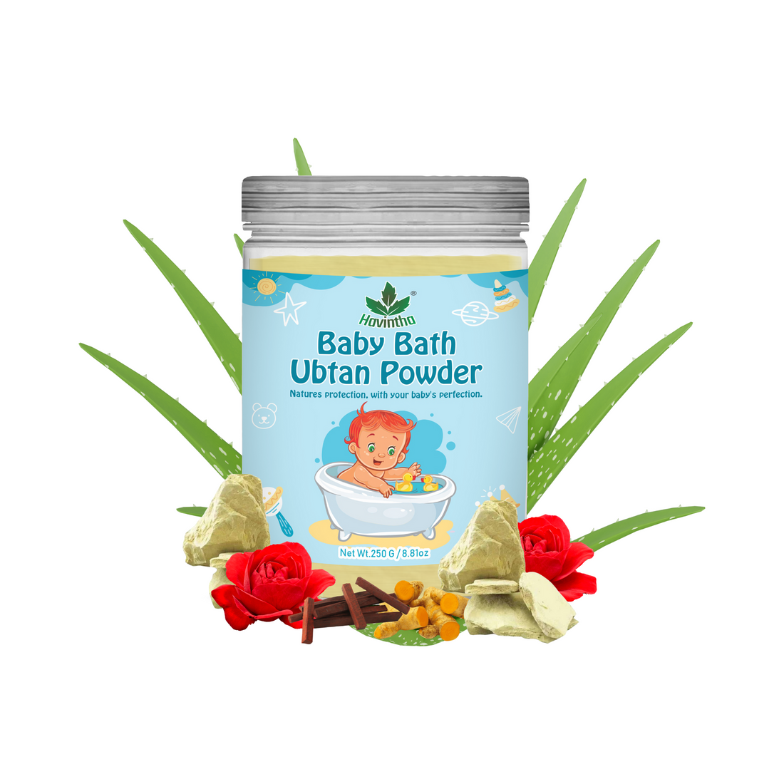 Havintha Natural Baby Bath Powder | Baby Bath Ubtan Powder | For Baby Glowing Skin | 8 oz | 250 Grams (JAR)