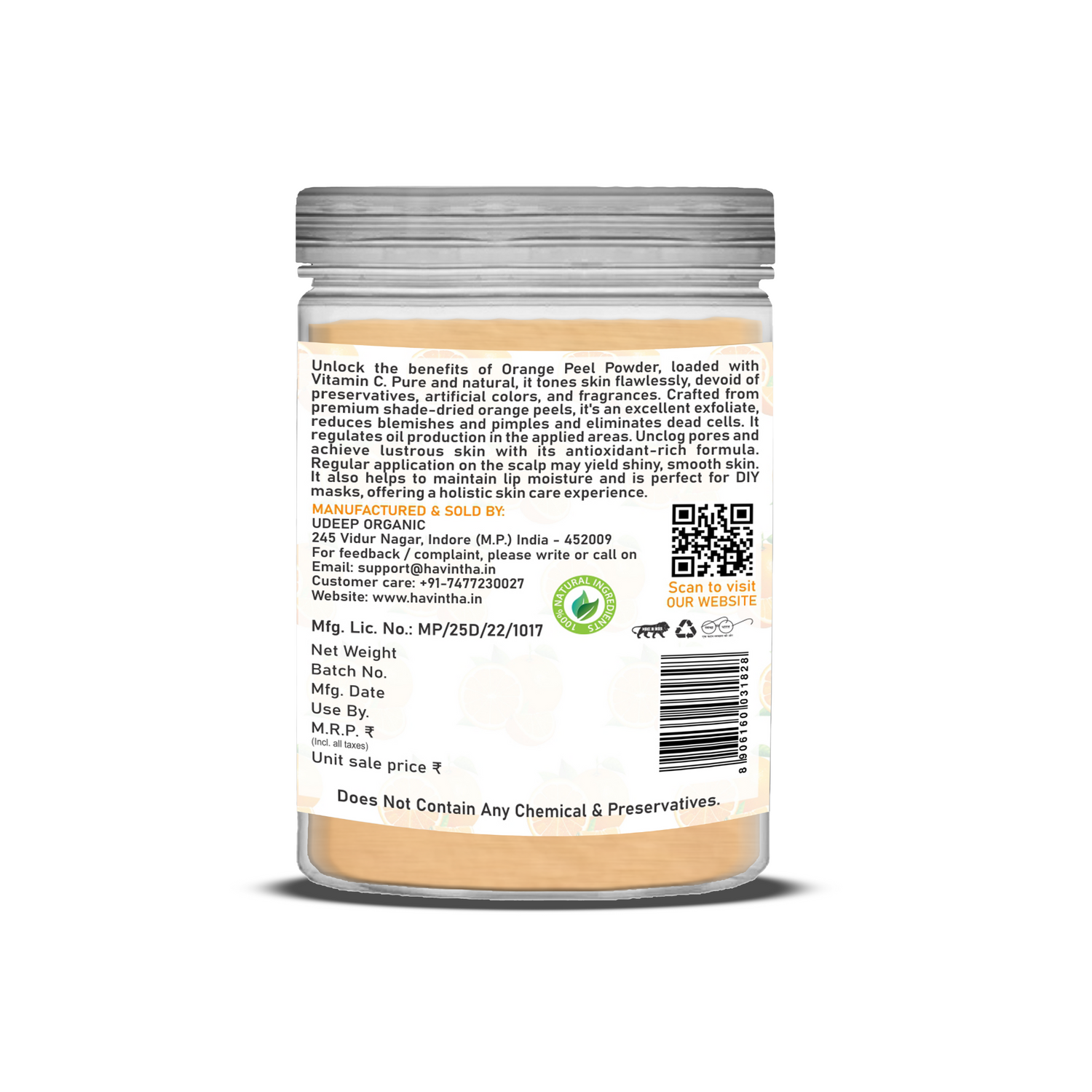 Havintha Natural Orange Peel Powder |For Bright Skin | All Skin type | 8 oz | 250 Grams (JAR)