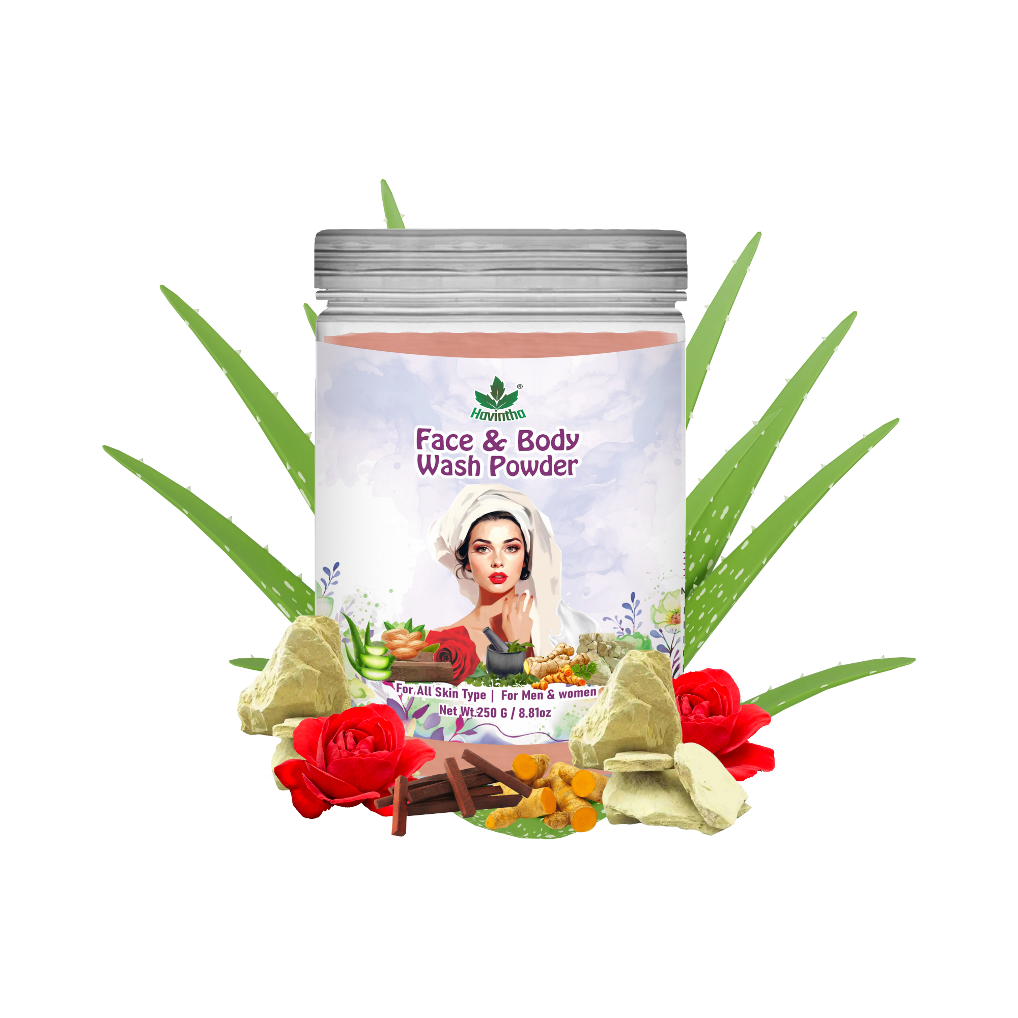 Havintha Natural Face &amp; Body Wash Powder | For Glowing &amp; Shiny Skin |  8 oz | 250 Grams (JAR)