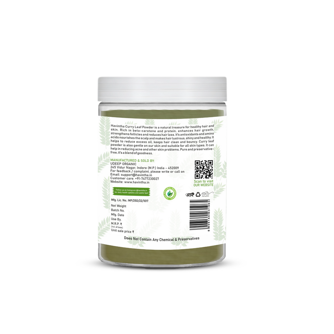 Havintha Curry Leaves Powder | For Strong &amp; Healthy Hair |  8 oz | 250 Grams (JAR)