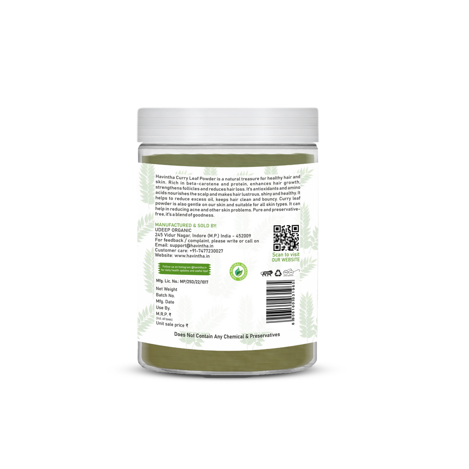 Havintha Curry Leaves Powder | For Strong &amp; Healthy Hair |  8 oz | 250 Grams (JAR)