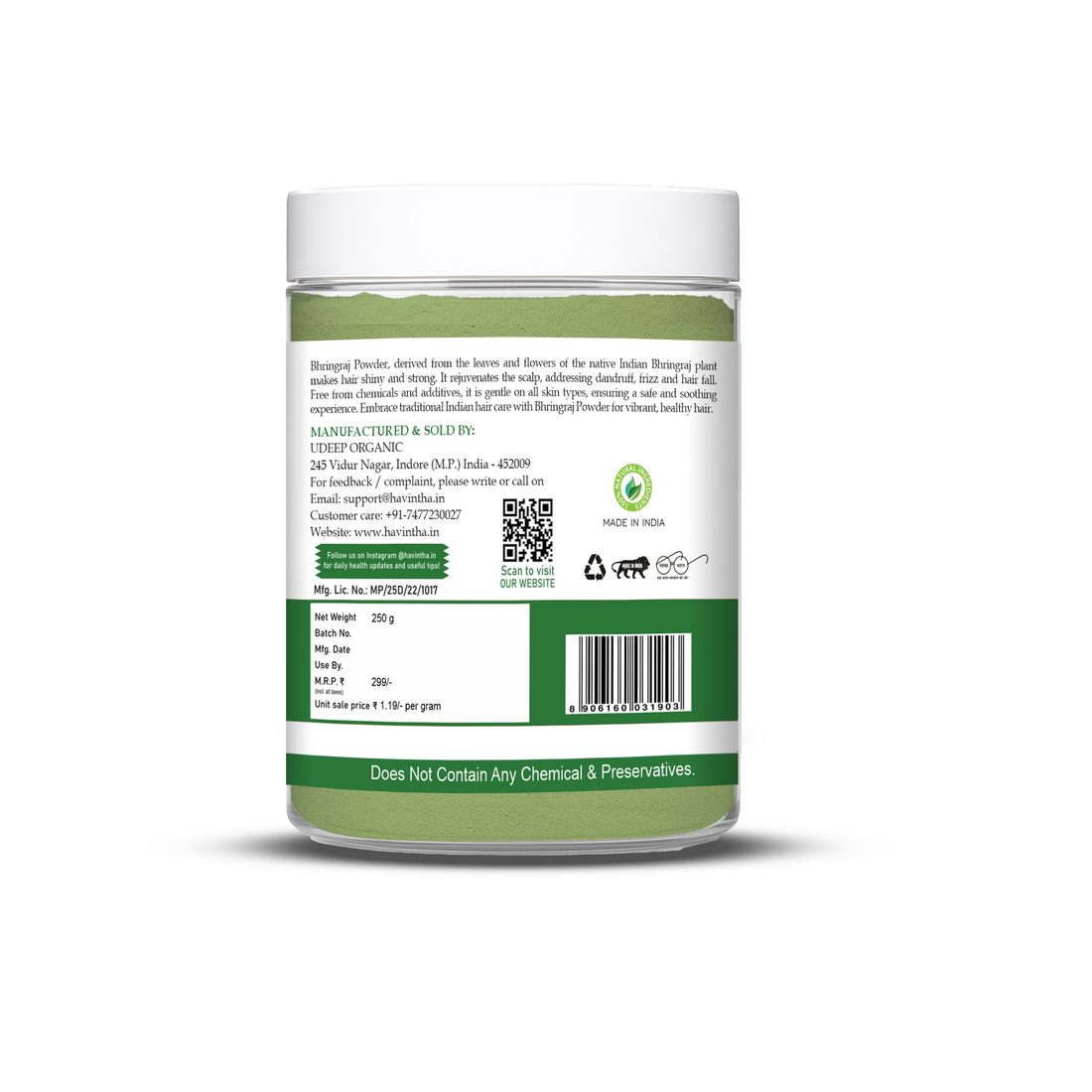 Havintha Natural Bhringraj Powder | For Strong &amp; Silky Hair | 8.81 oz | 250 Grams (JAR)
