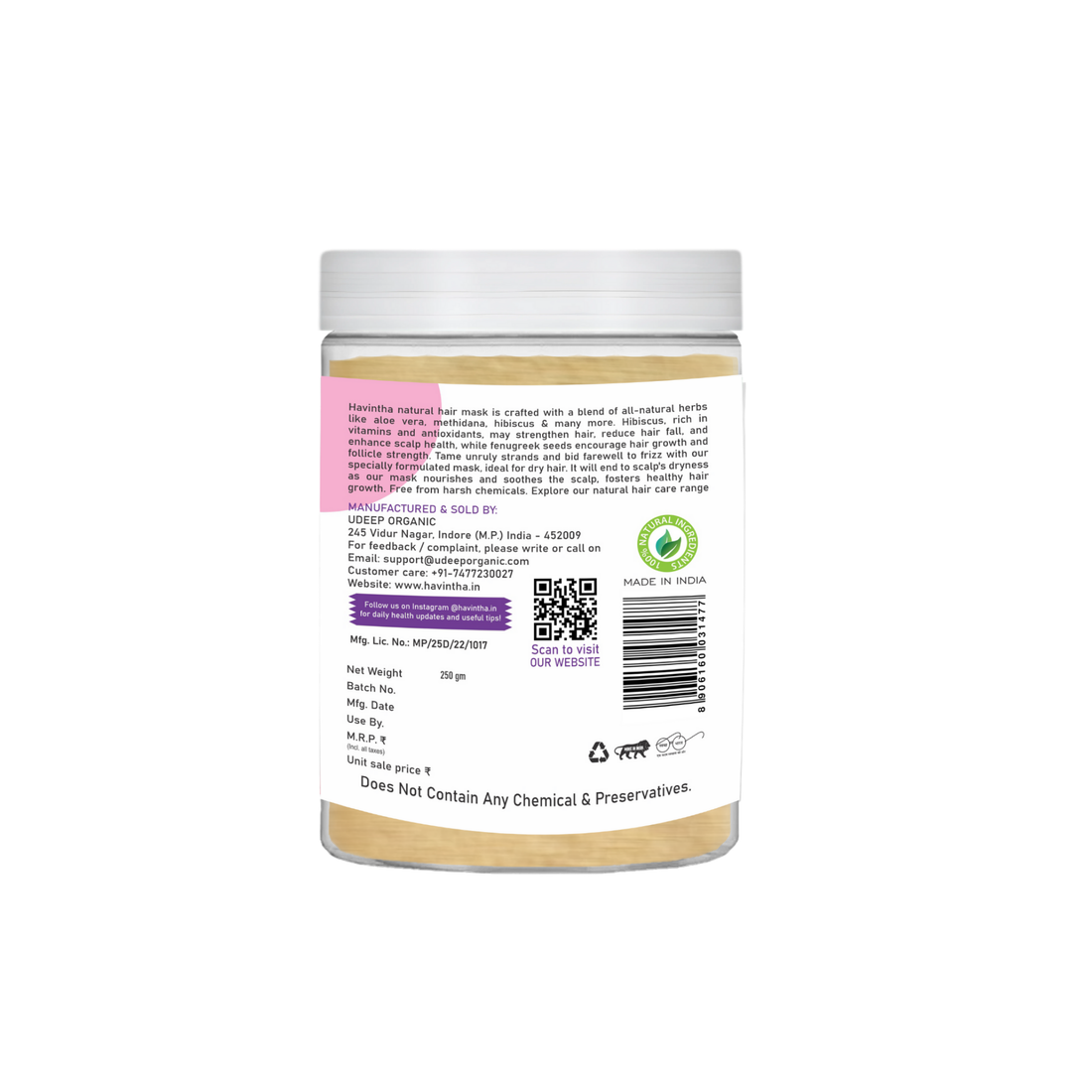 Havintha Natural Hair Mask Powder for Dandruff, Hair Fall, and Hair Growth -  8 oz  250 Grams (JAR)